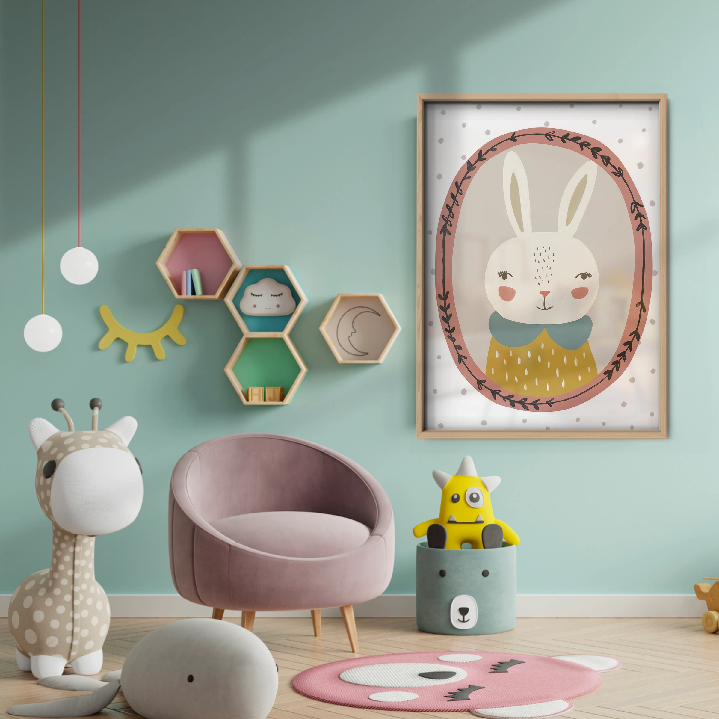 Framed Bunny Yellow Nursery Print - baby room wall decor print