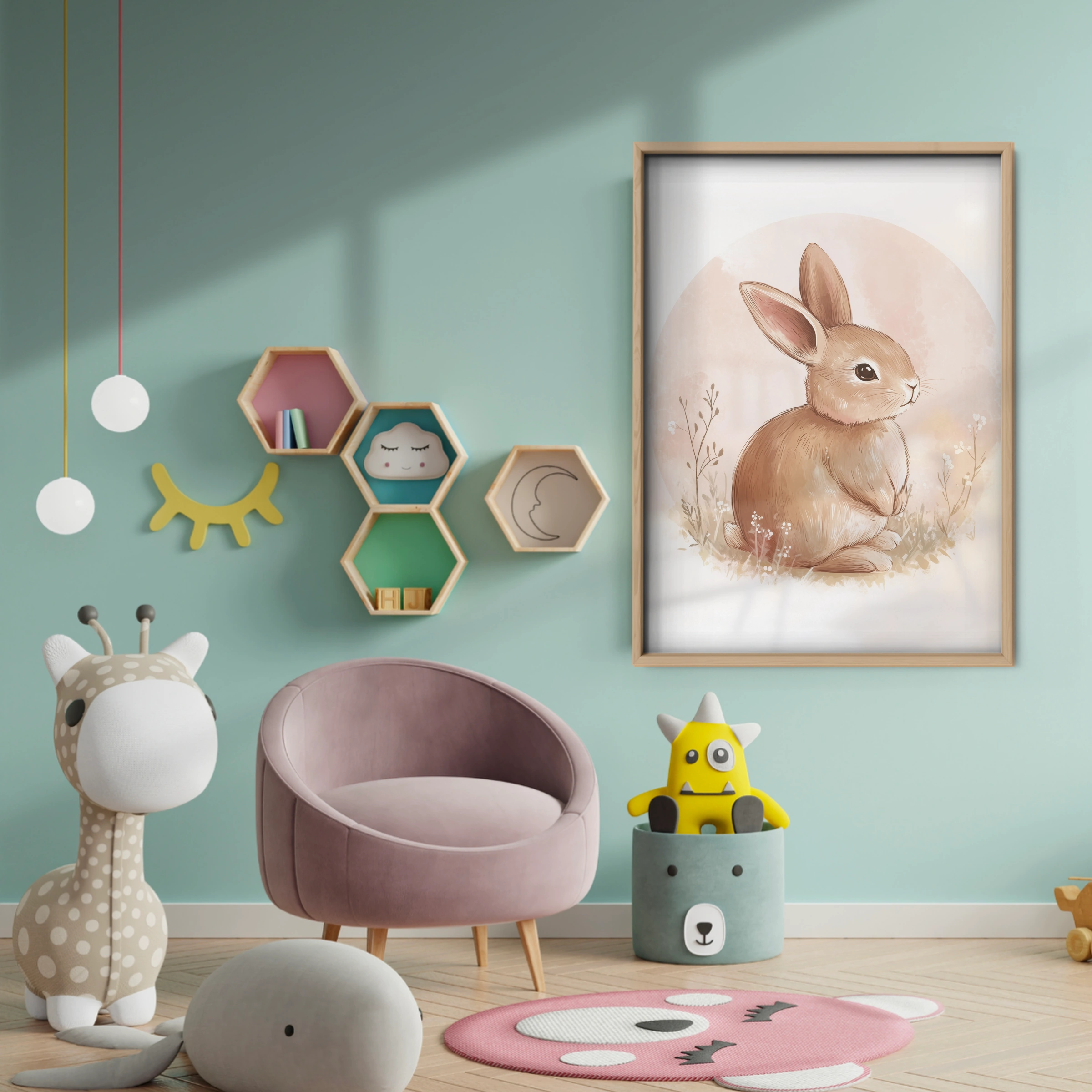 Framed Rabbit Nursery Print - baby room wall decor print