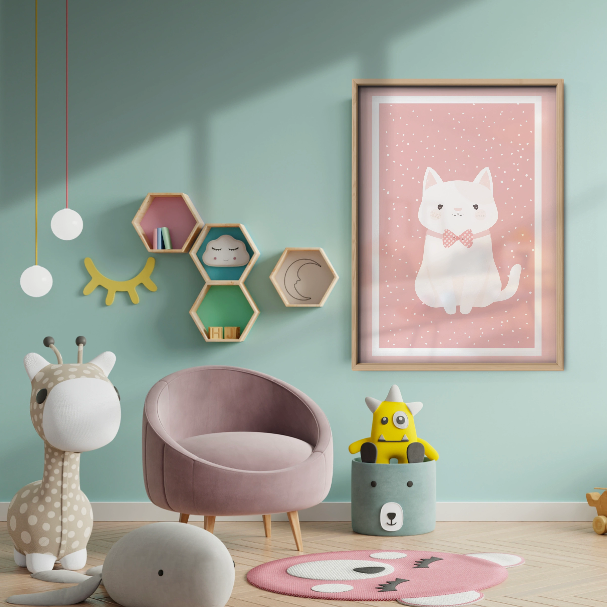 Framed White Cat Nursery Print - baby room wall decor print