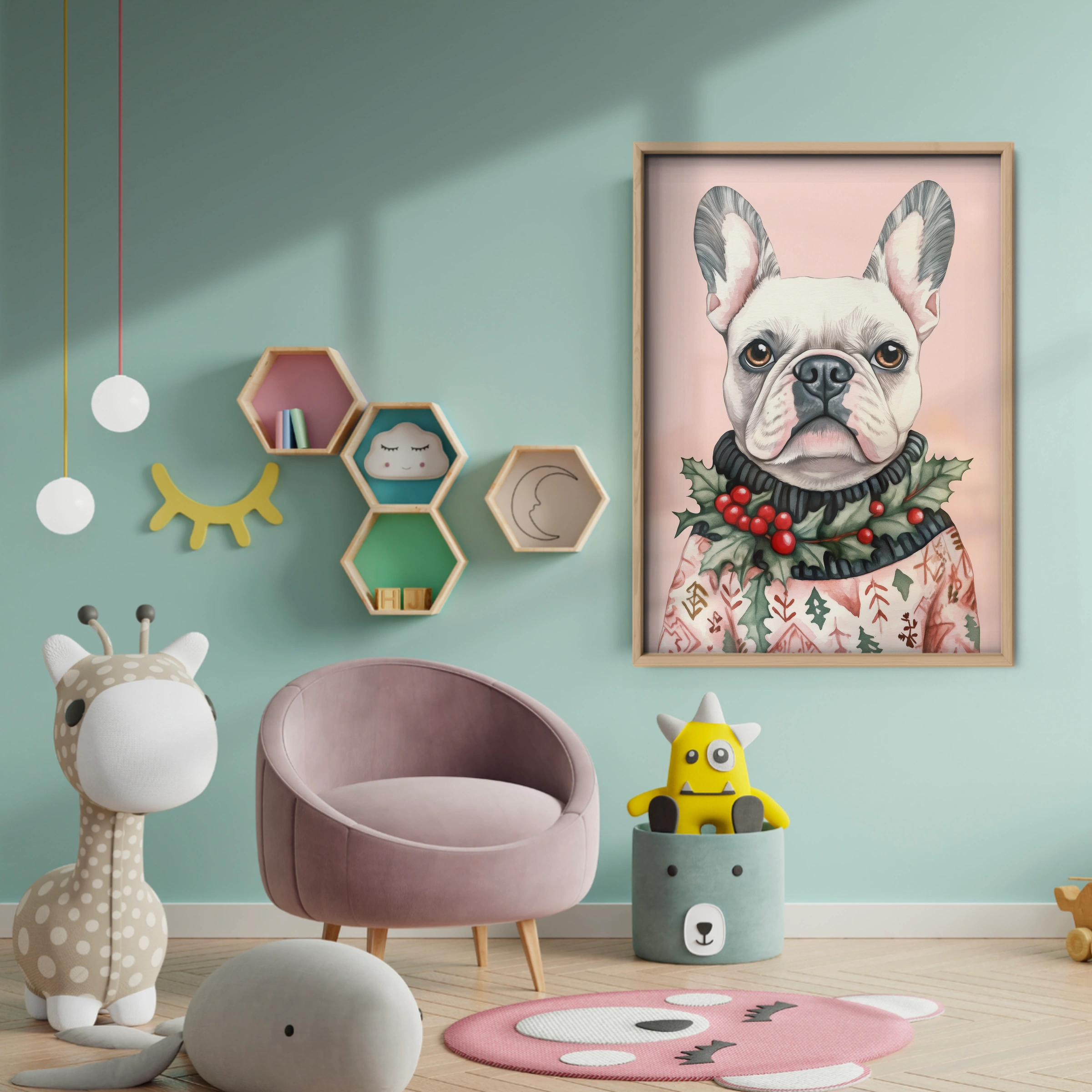 French Bulldog with a Wreath Christmas Print - baby room wall decor print