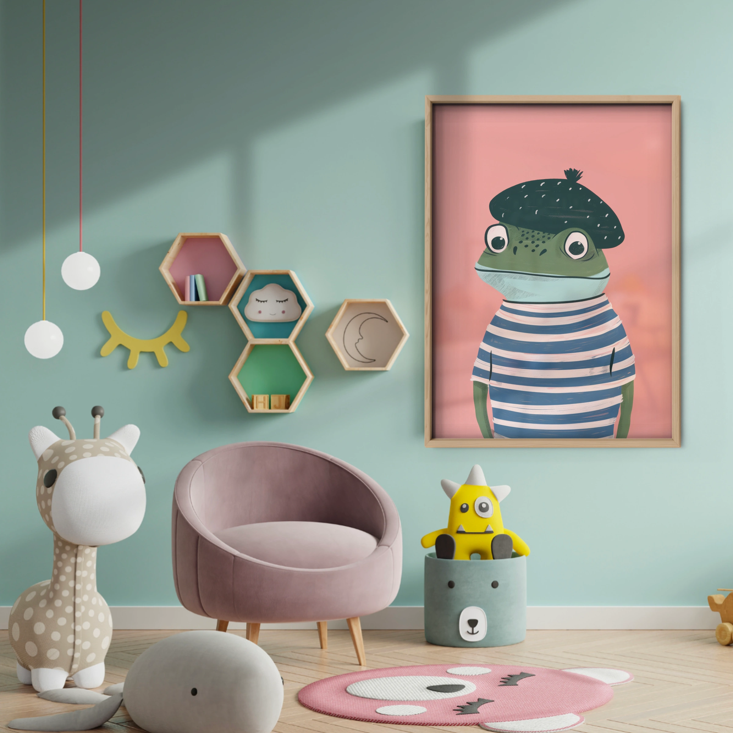 Frog in a Striped Top Nursery Print - baby room wall decor print