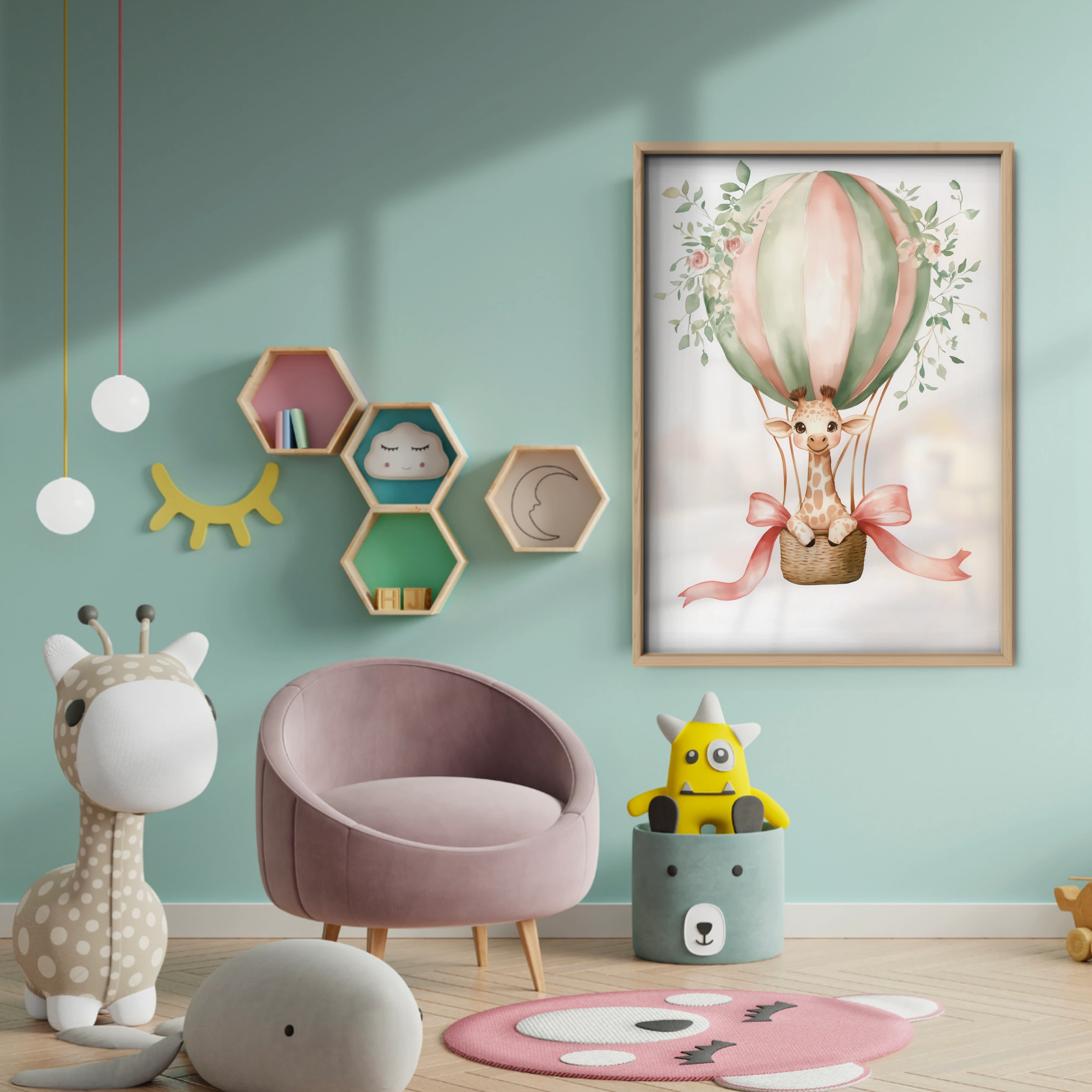 Giraffe Hot Air Balloon Nursery Print - baby room wall decor print