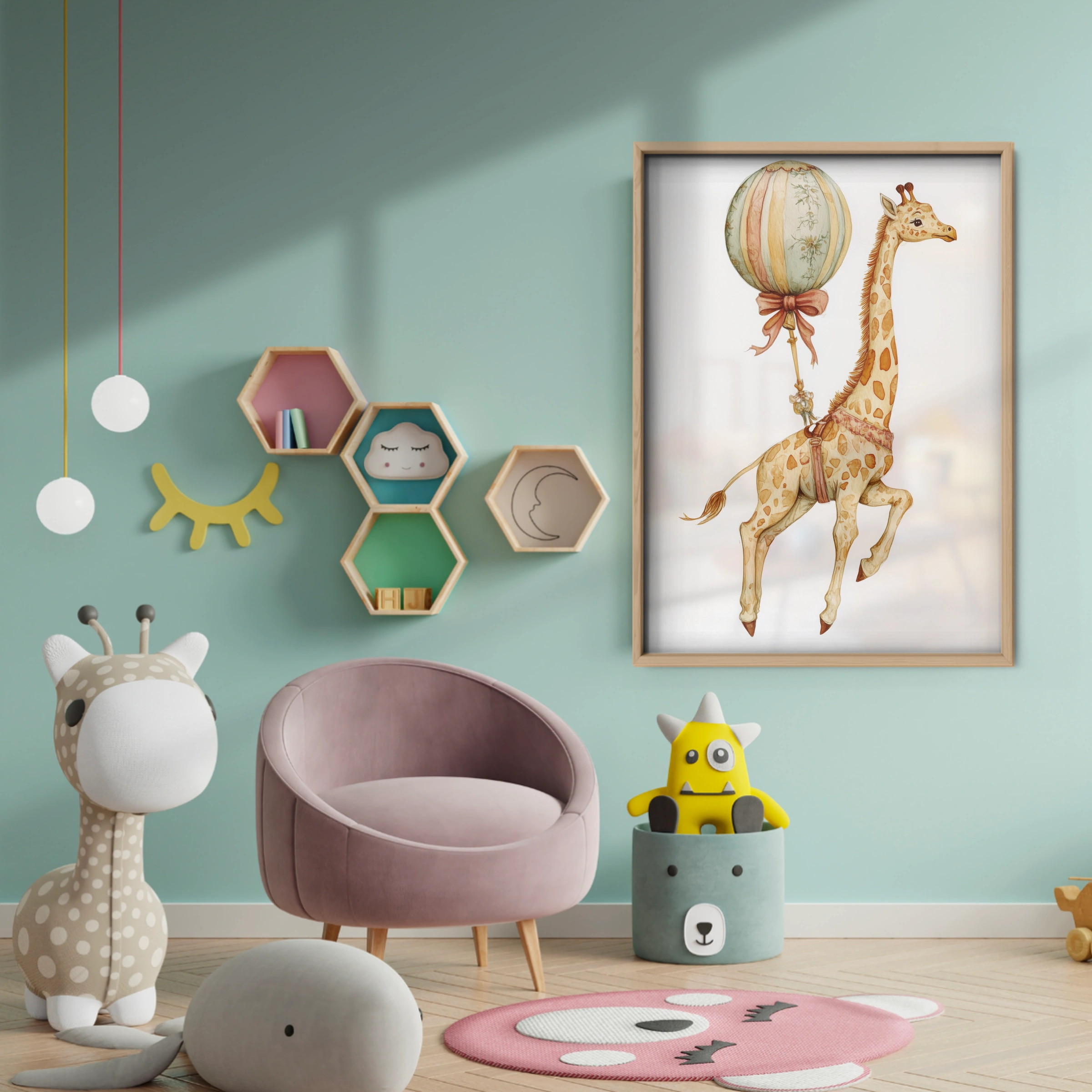 Giraffe with a Balloon Nursery Print - baby room wall decor print
