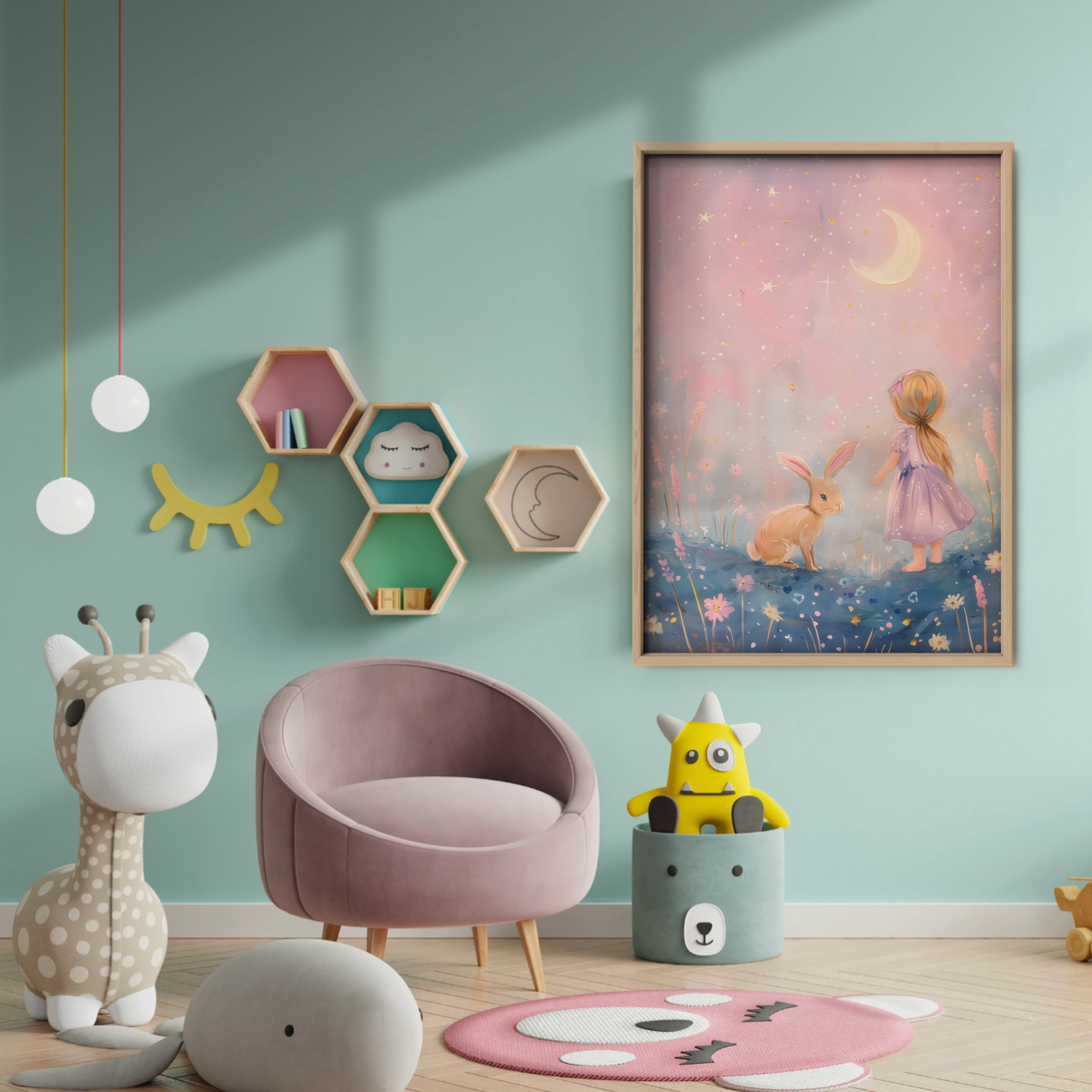 Girl and Bunny at Night Nursery Print - baby room wall decor print