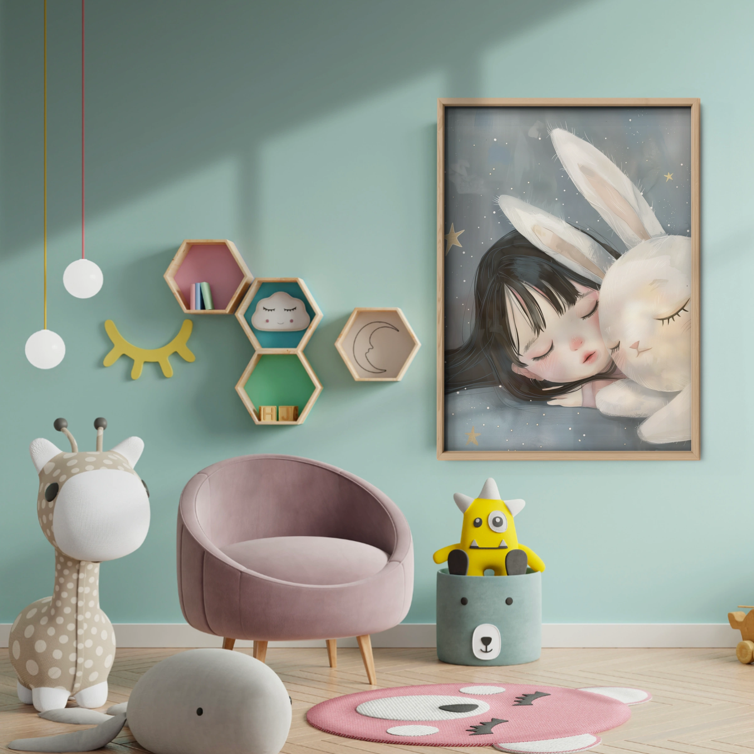 Girl and Bunny Sleeping Nursery Print - baby room wall decor print