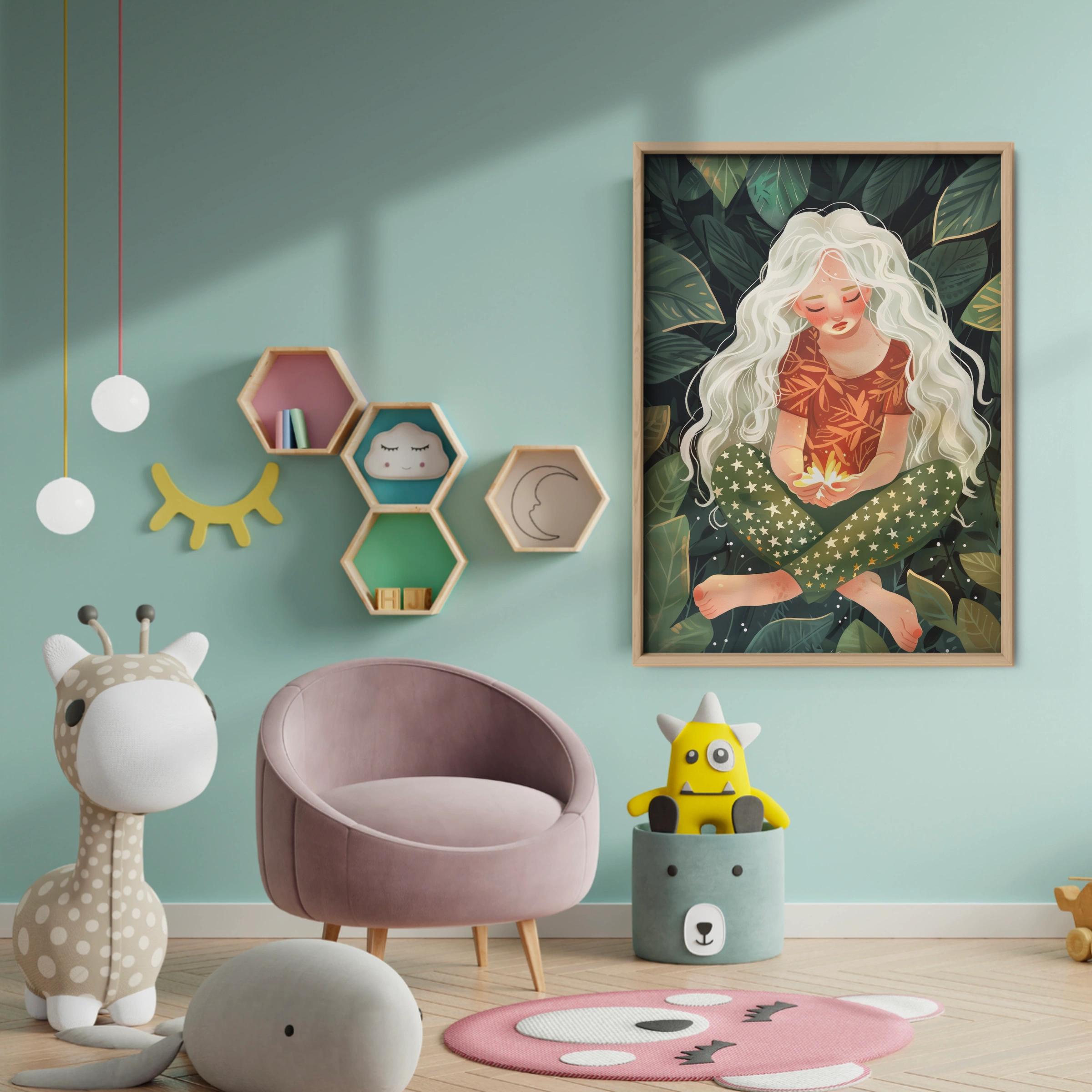 Girl and Fireflies Nursery Print - baby room wall decor print