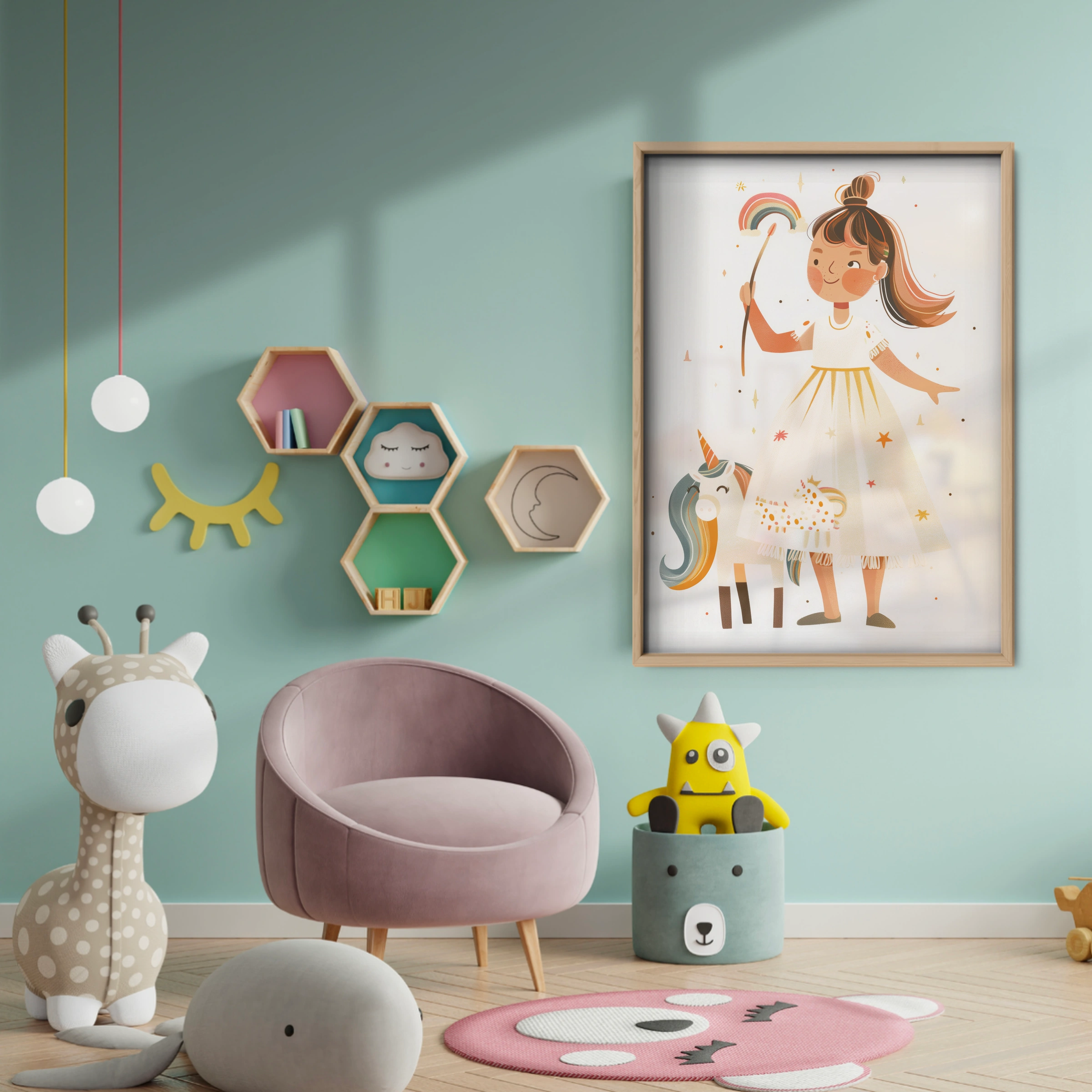 Girl and Her Unicorn Nursery Print - baby room wall decor print