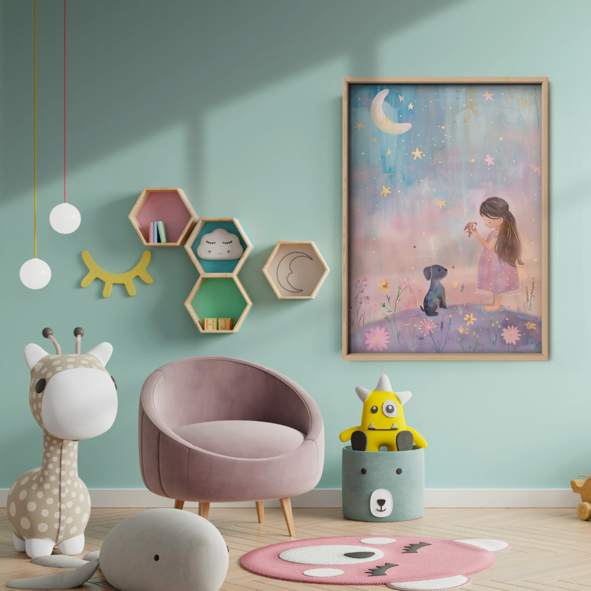 Girl and Puppy in a Meadow Nursery Print - baby room wall decor print