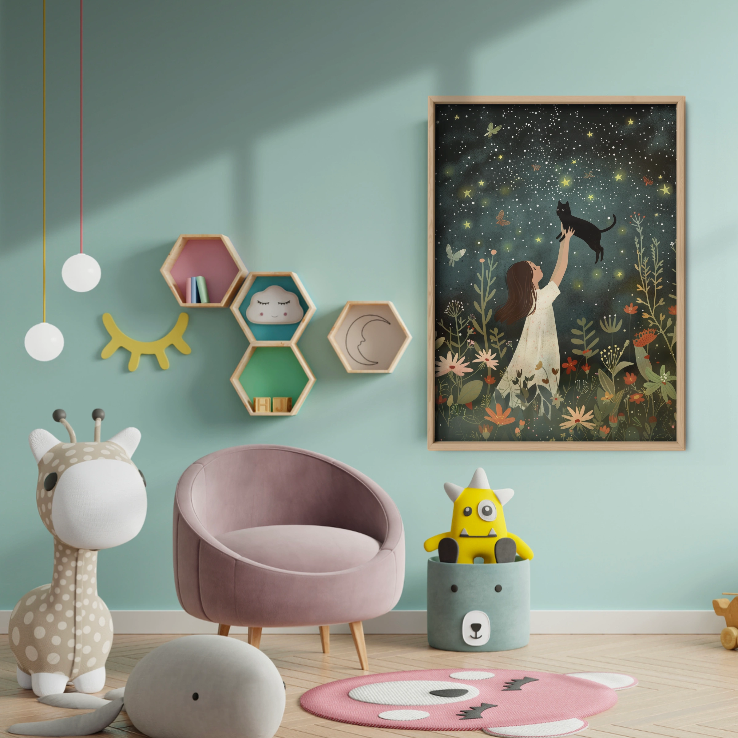 Girl and the Cat at Night Nursery Print - baby room wall decor print
