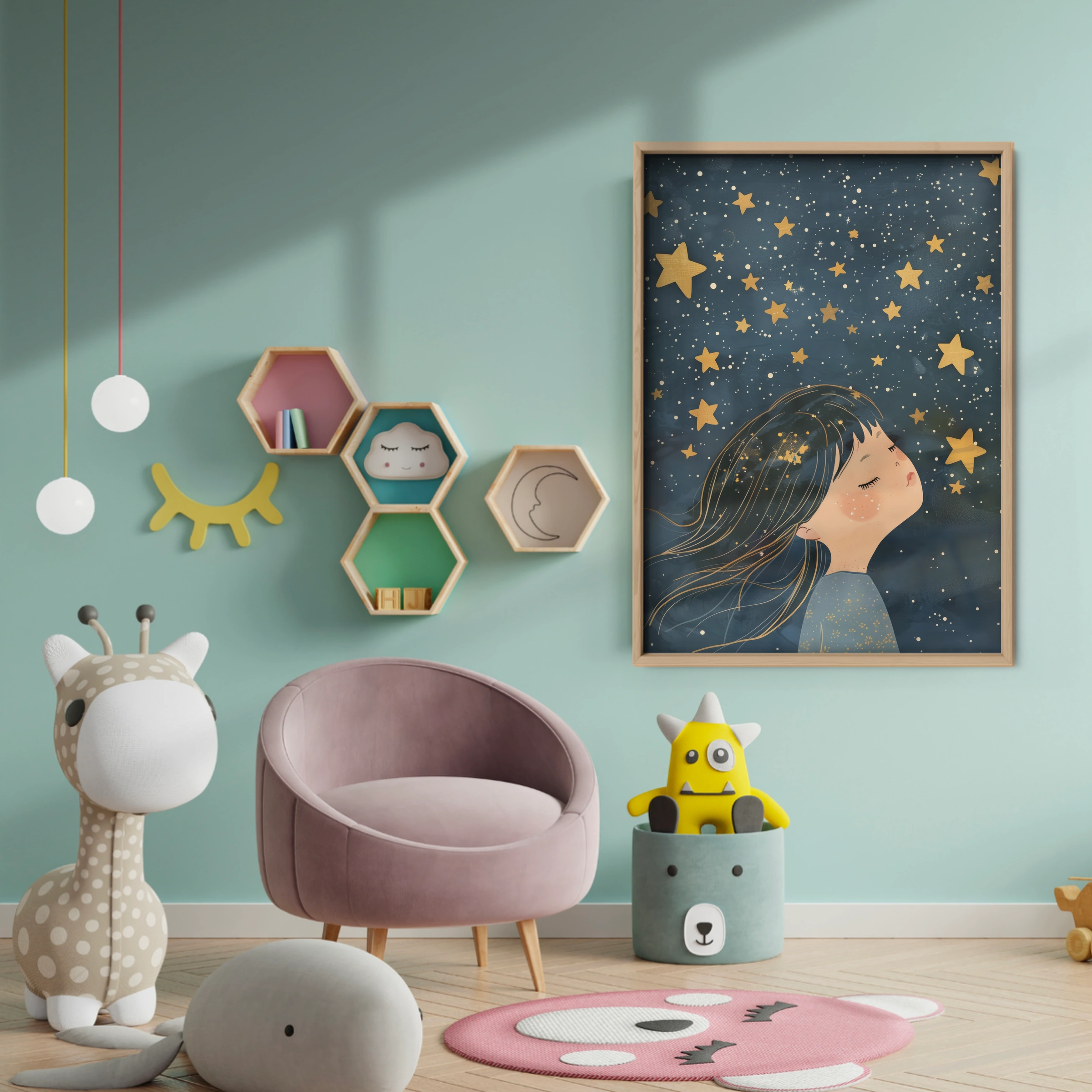 Girl and the Stars Nursery Print - baby room wall decor print