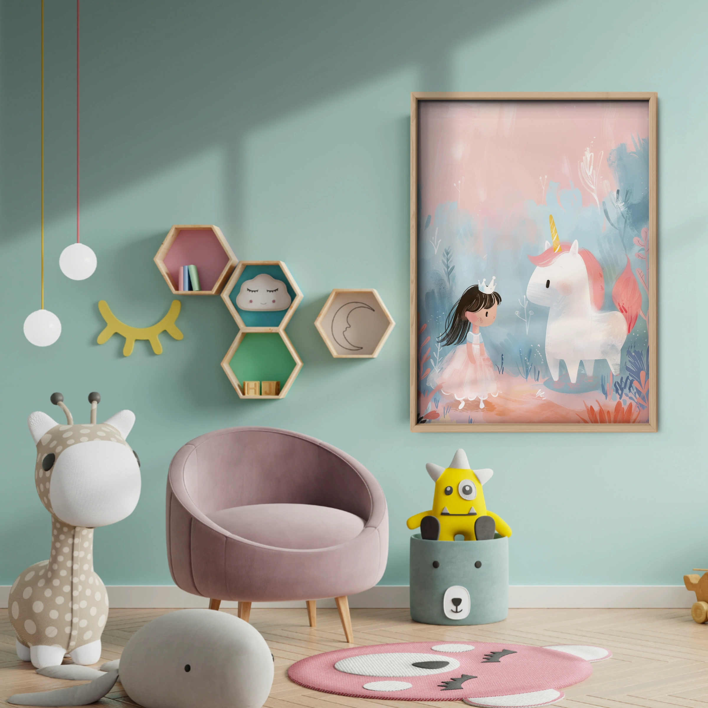 Girl and Unicorn Nursery Print - baby room wall decor print