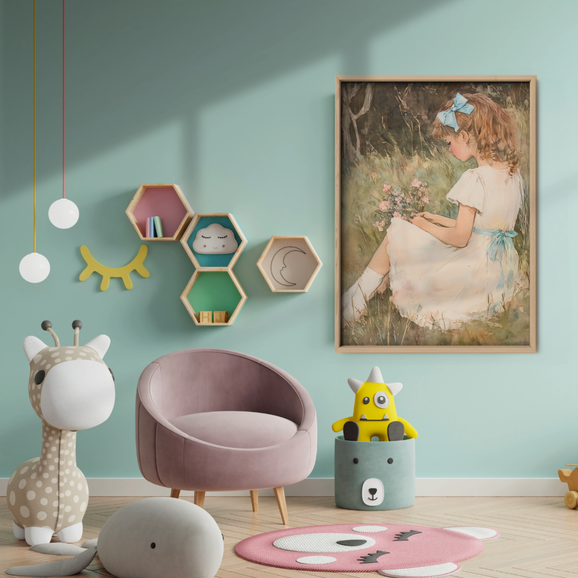 Girl Gathering Flowers Nursery Print - baby room wall decor print