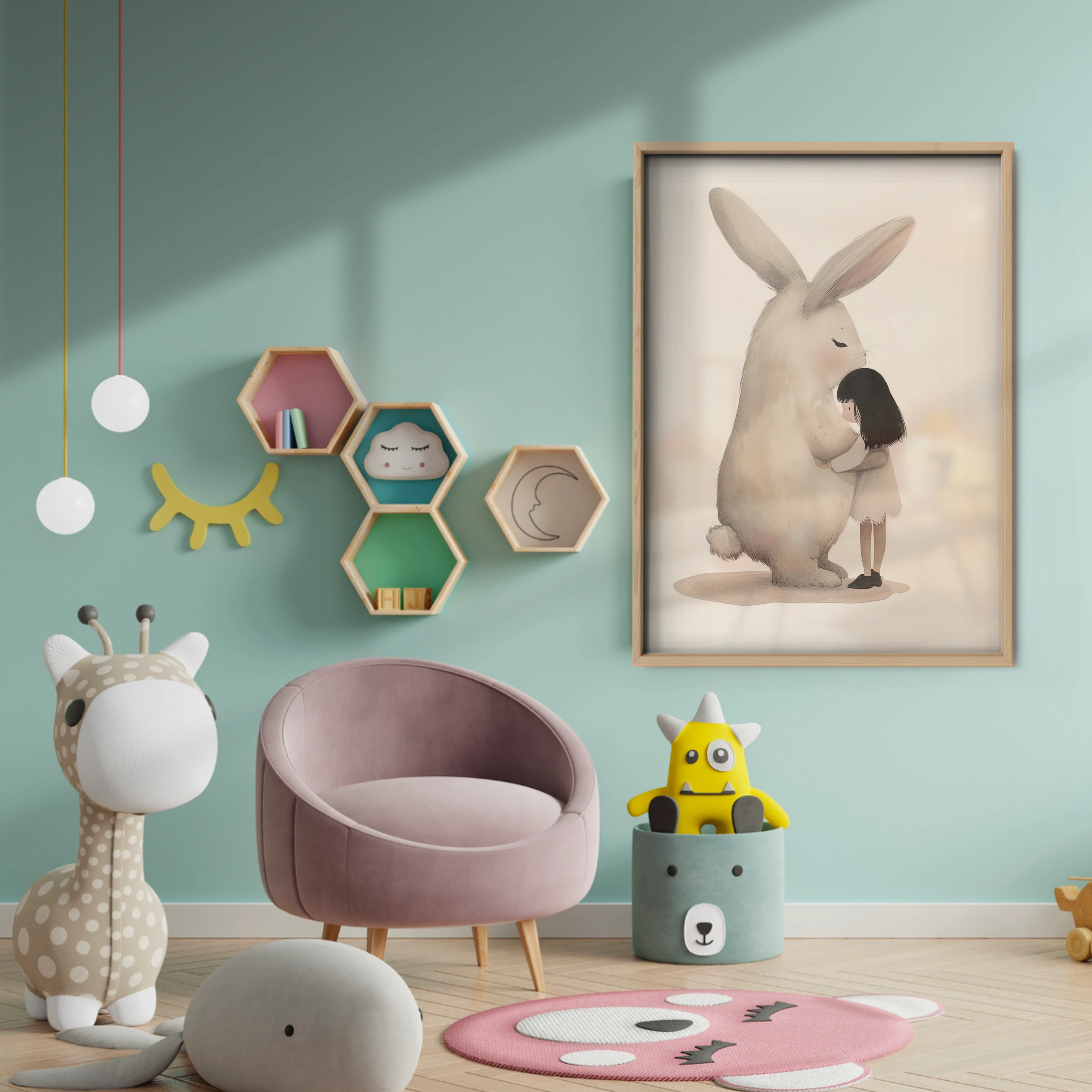 Girl Hugging a Bunny Nursery Print - baby room wall decor print