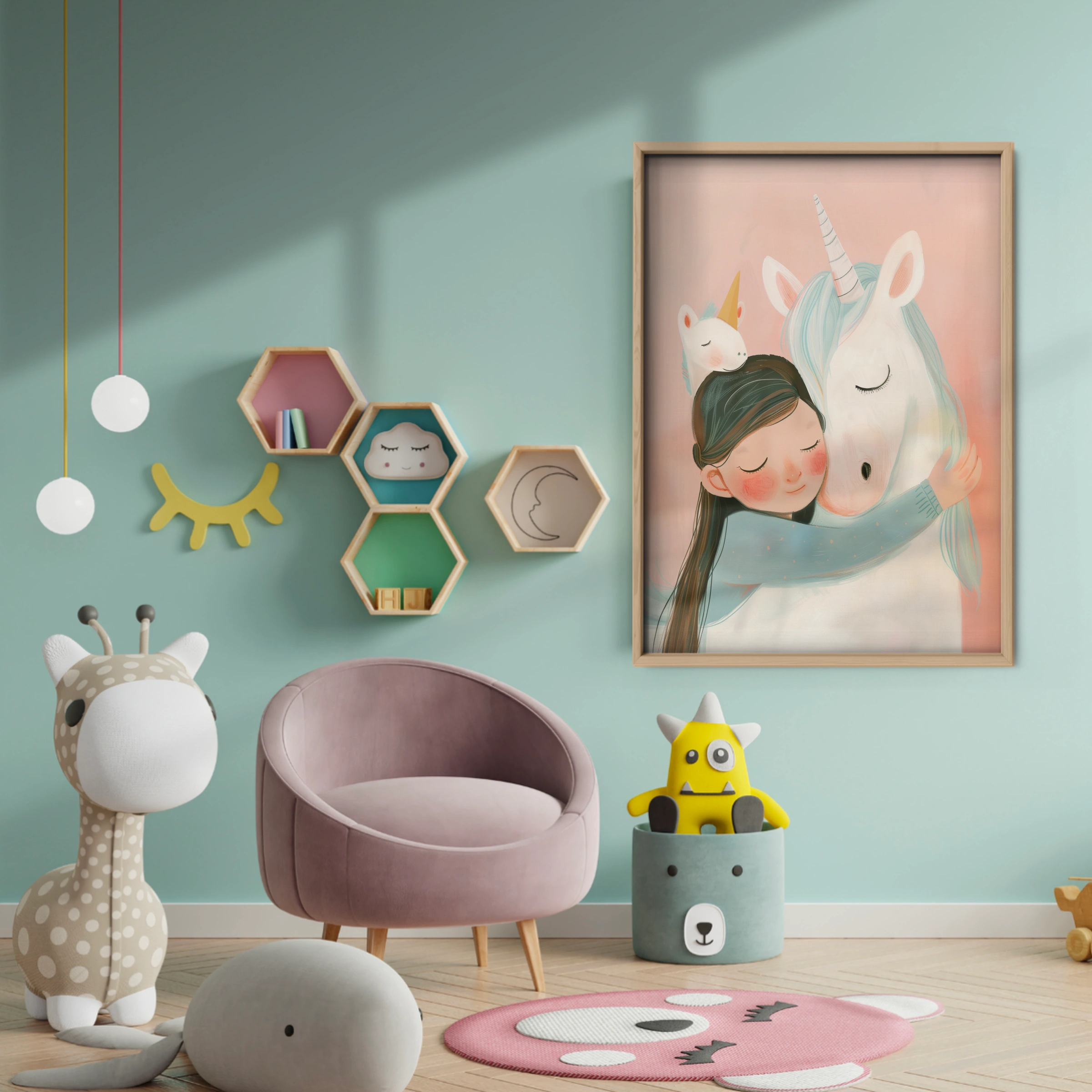 Girl Hugging Unicorn Nursery Print - baby room wall decor print