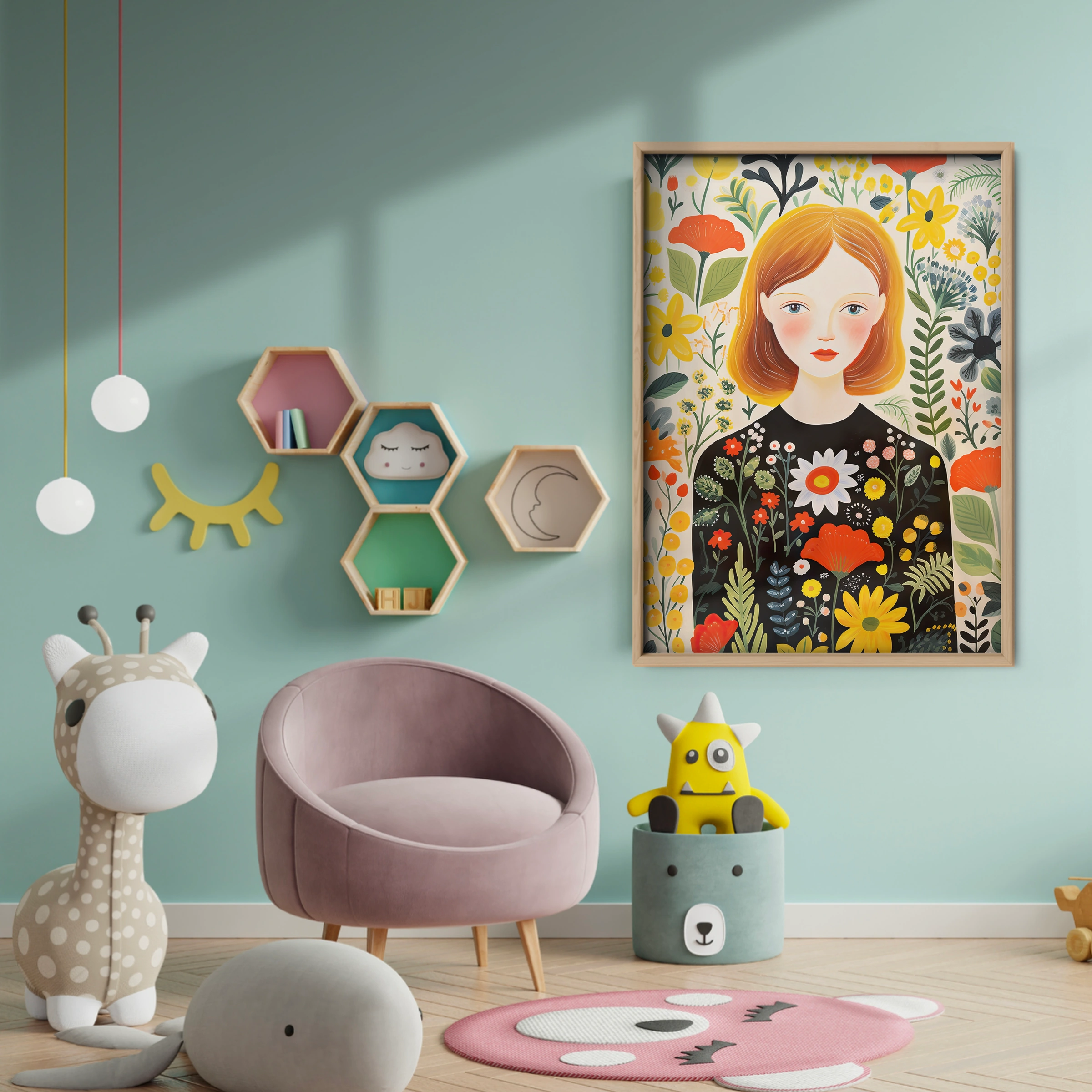 Girl in a Floral Dress Nursery Print - baby room wall decor print