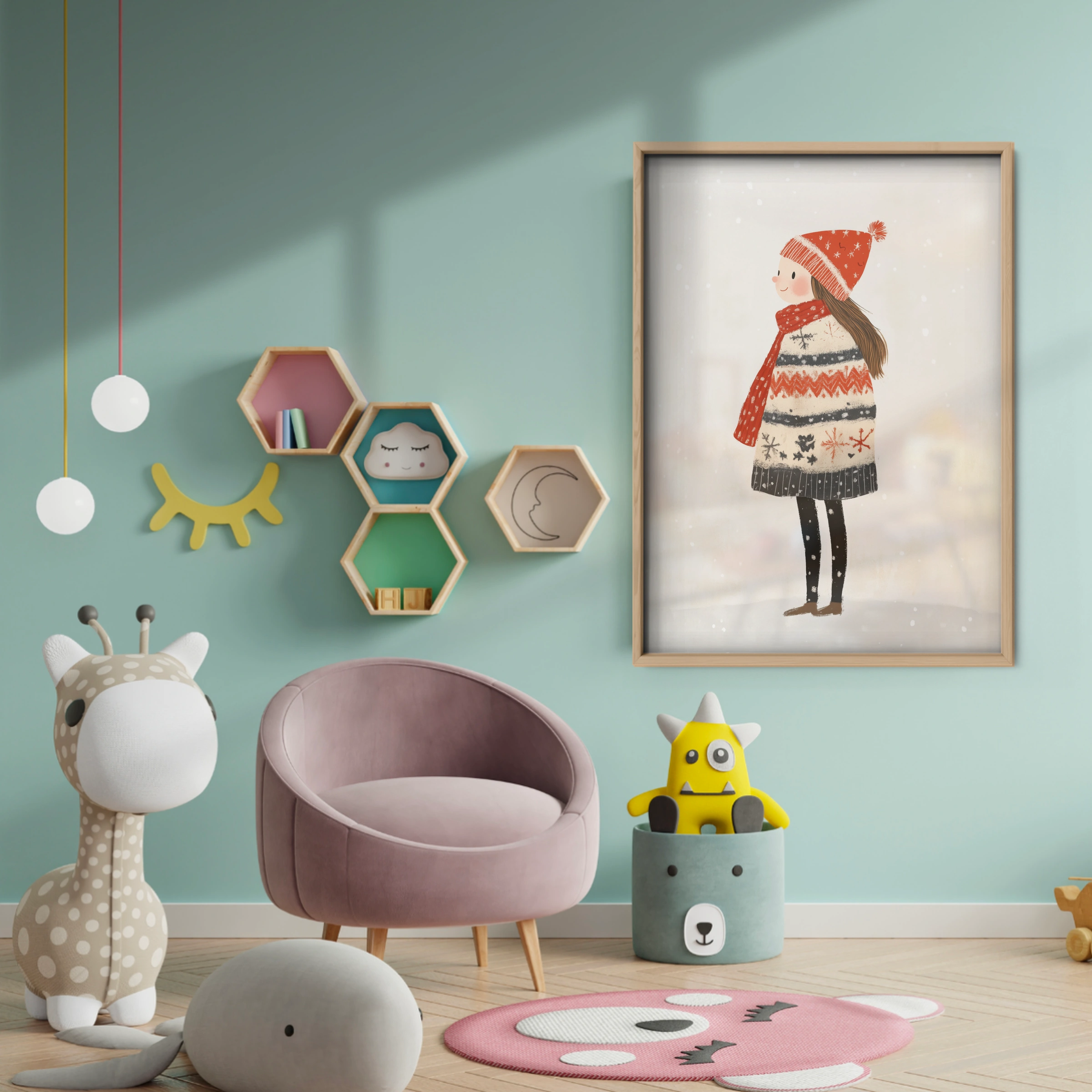 Girl in a Winter Hat Christmas Print - baby room wall decor print