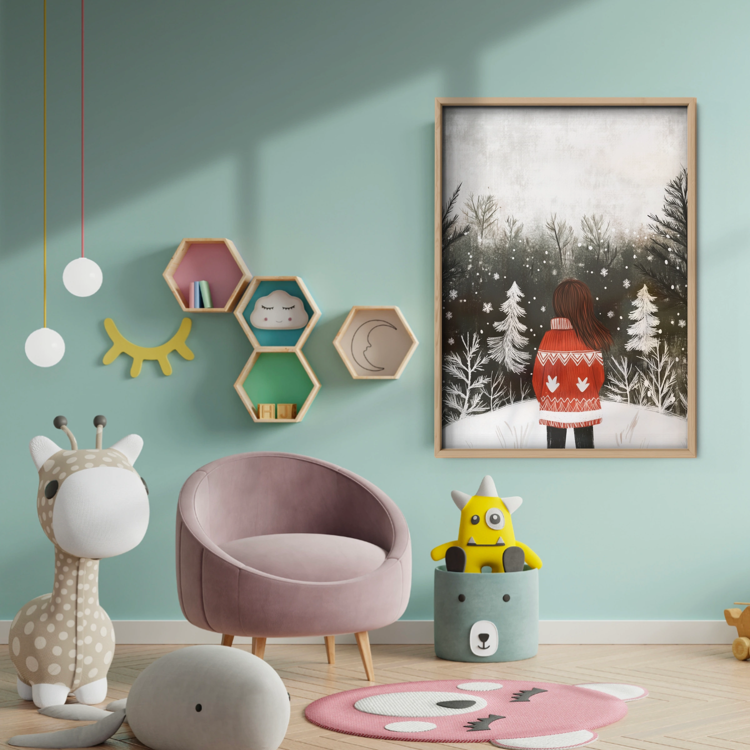 Girl in the Winter Forest Christmas Print - baby room wall decor print