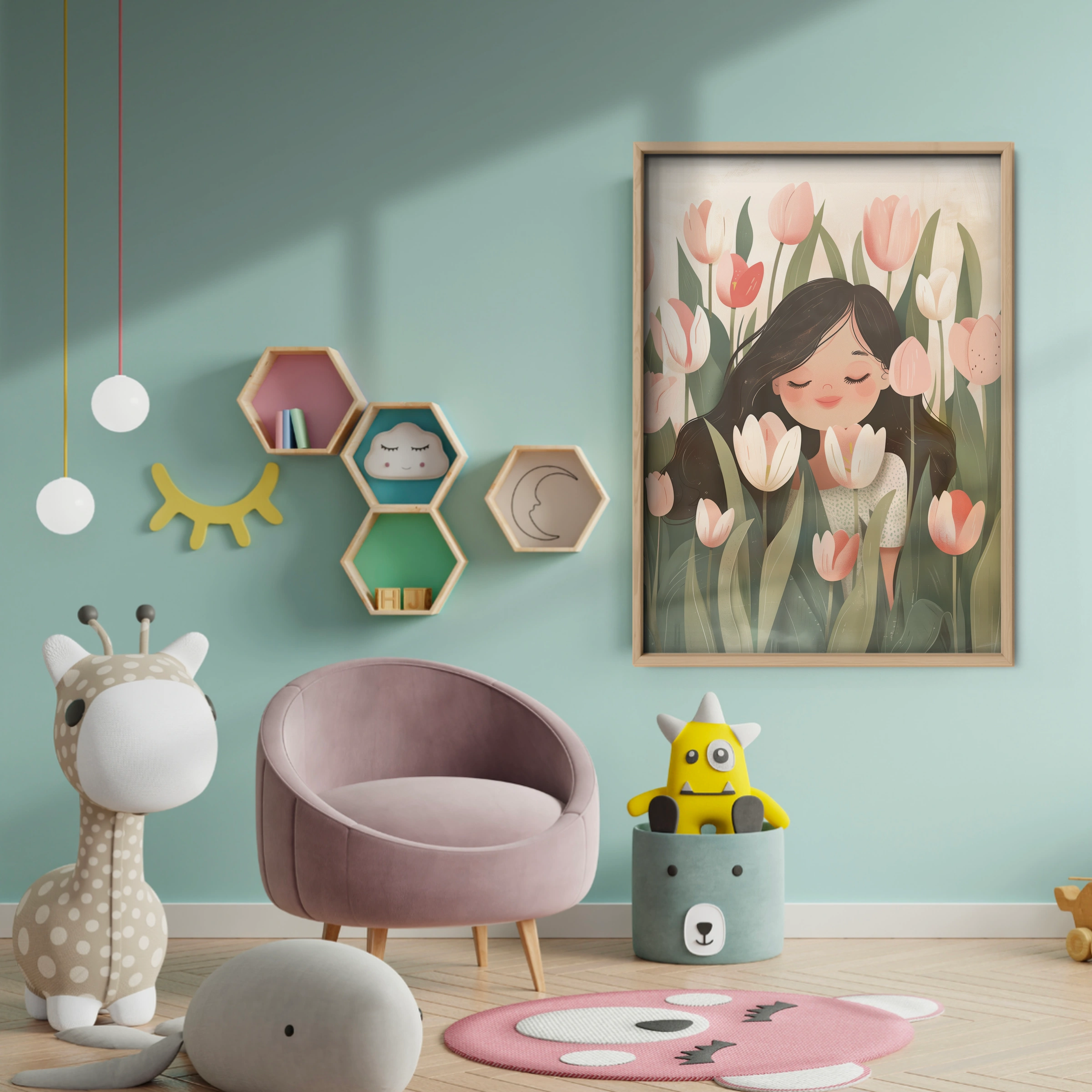 Girl in Tulips Nursery Print - baby room wall decor print