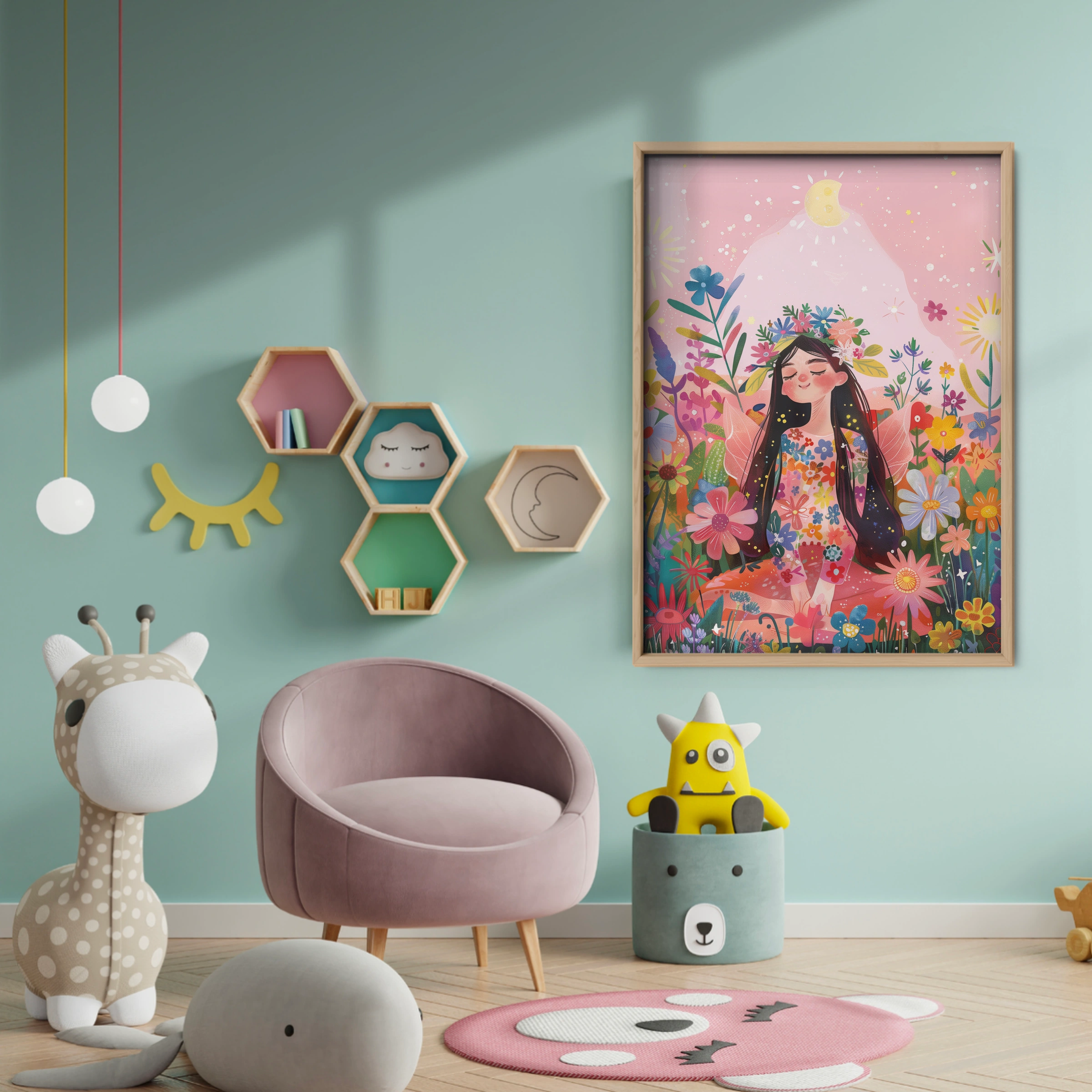 Girl in Wildflowers Nursery Print - baby room wall decor print