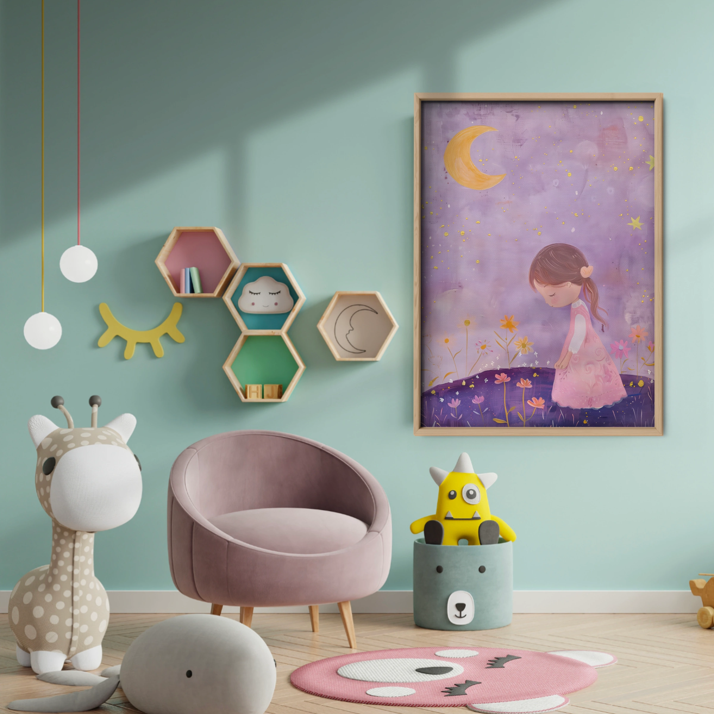 Girl Praying Under the Moon Nursery Print - baby room wall decor print