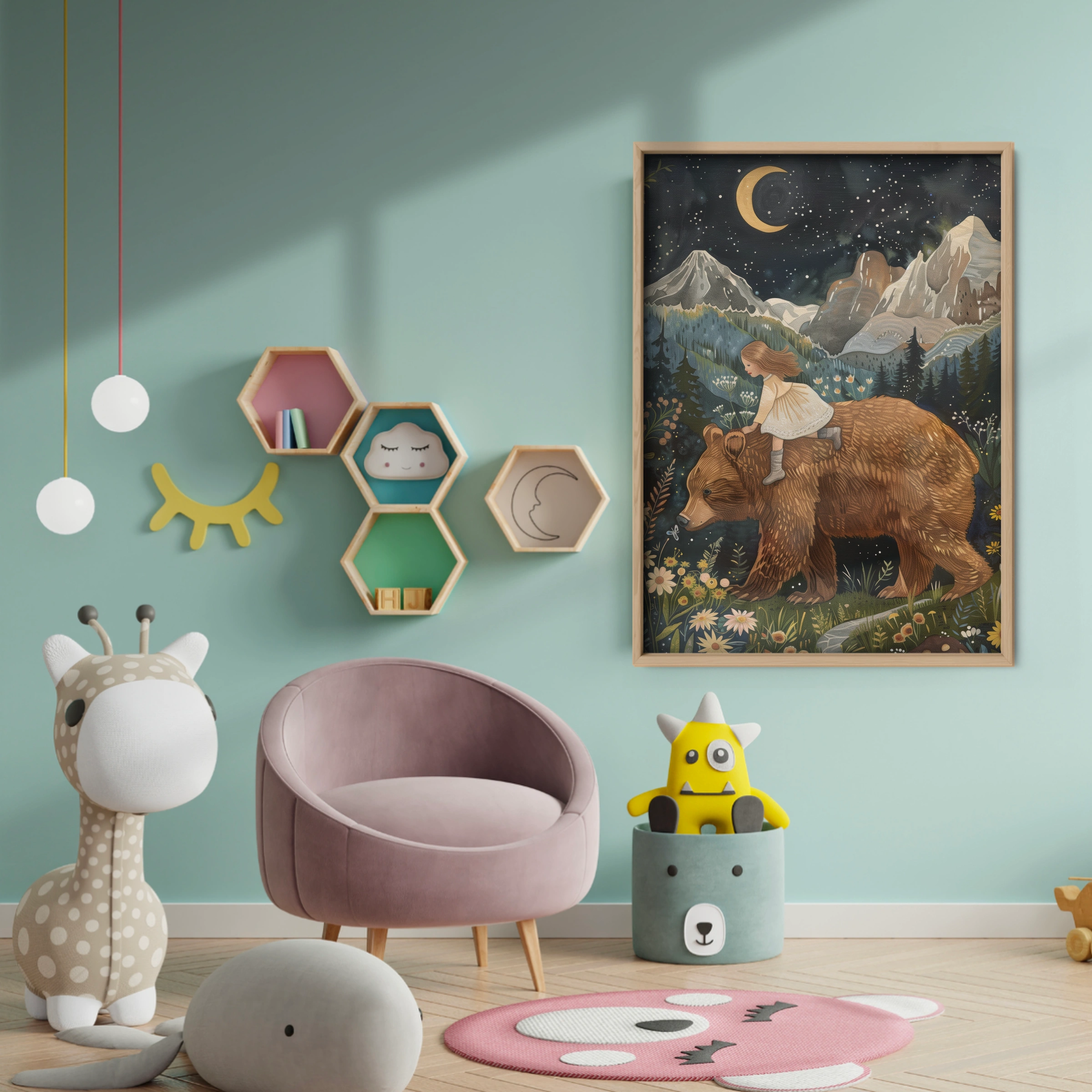 Girl Riding a Bear Nursery Print - baby room wall decor print