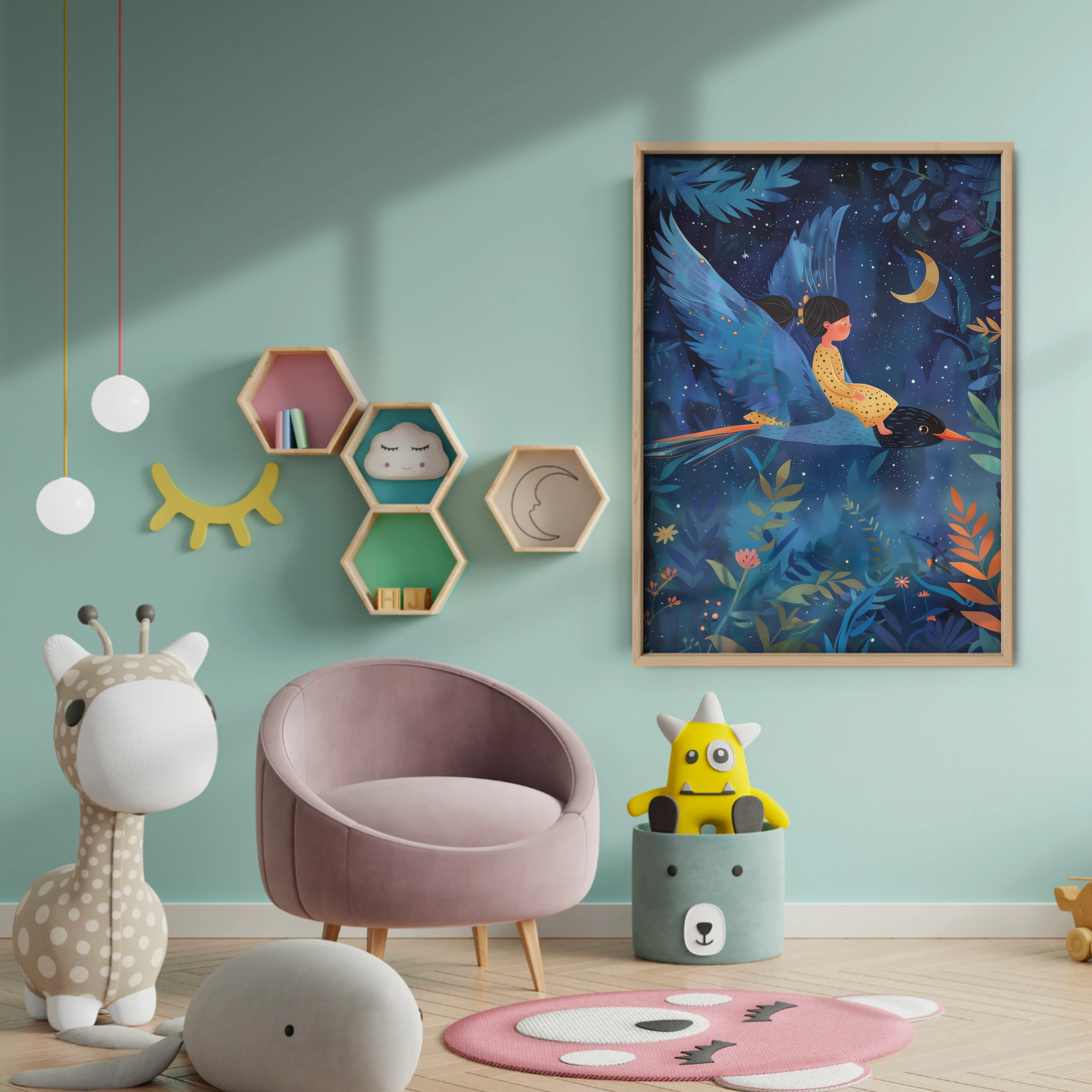Girl Riding a Bird Nursery Print - baby room wall decor print