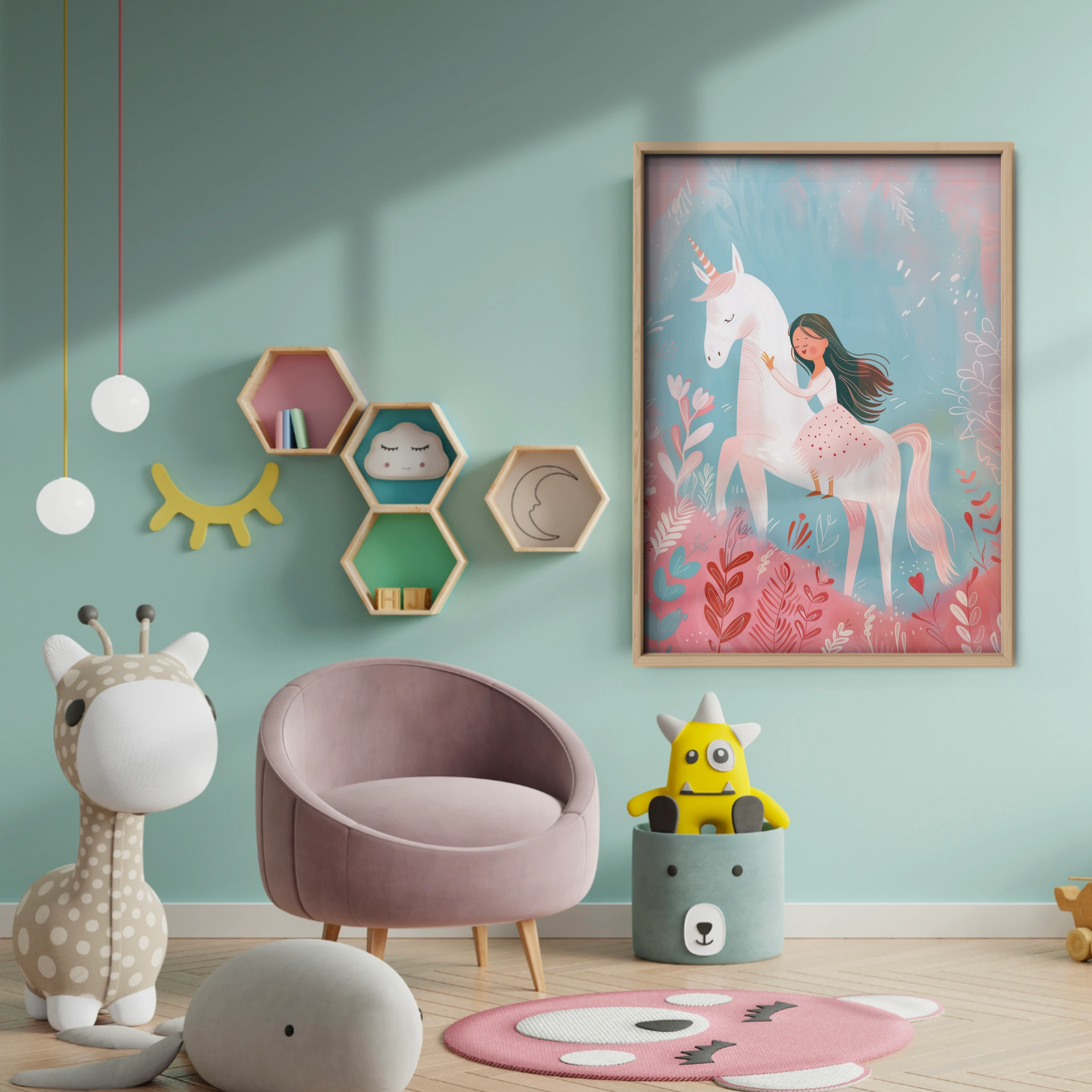 Girl Riding a Unicorn Nursery Print - baby room wall decor print