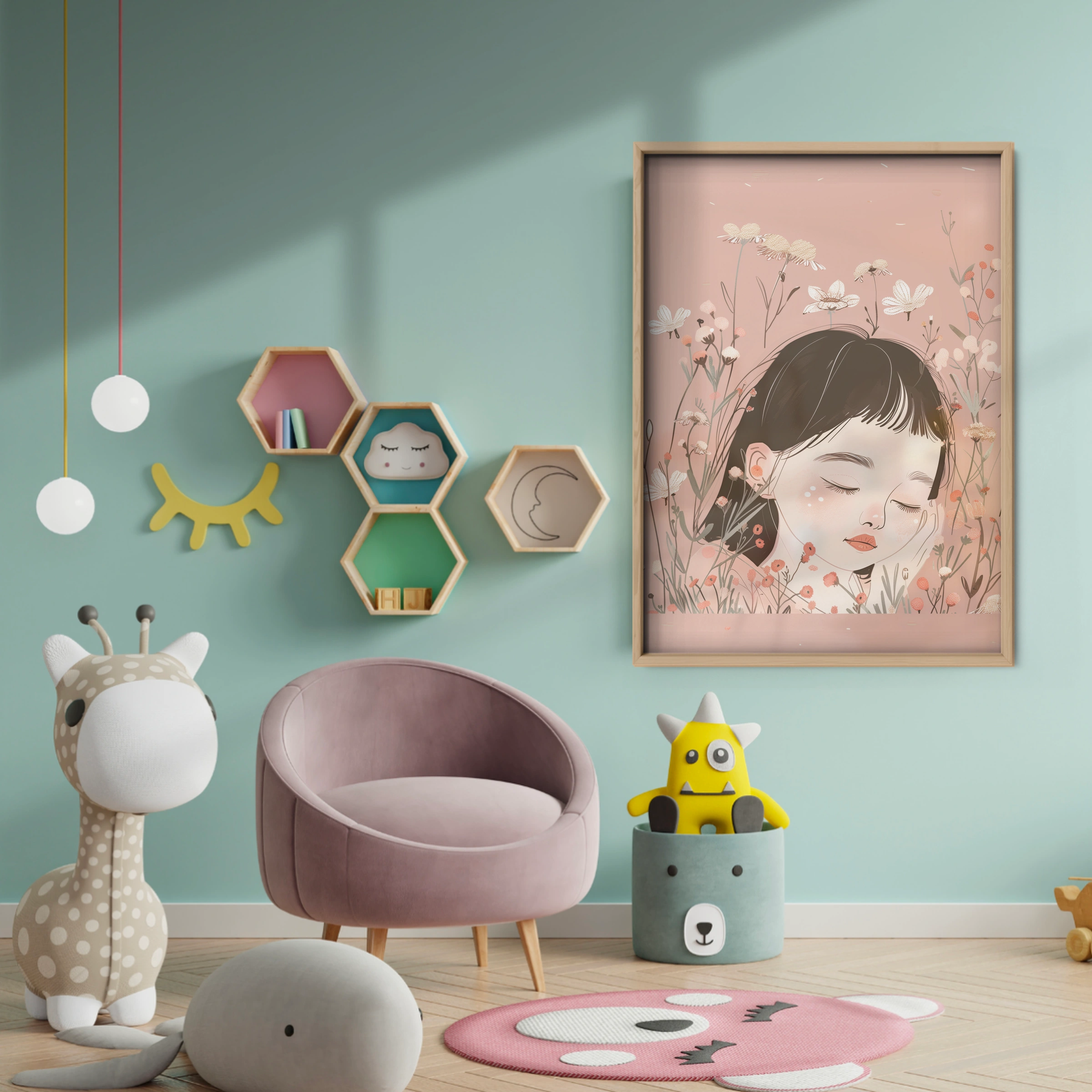 Girl Sleeping in Flowers Nursery Print - baby room wall decor print