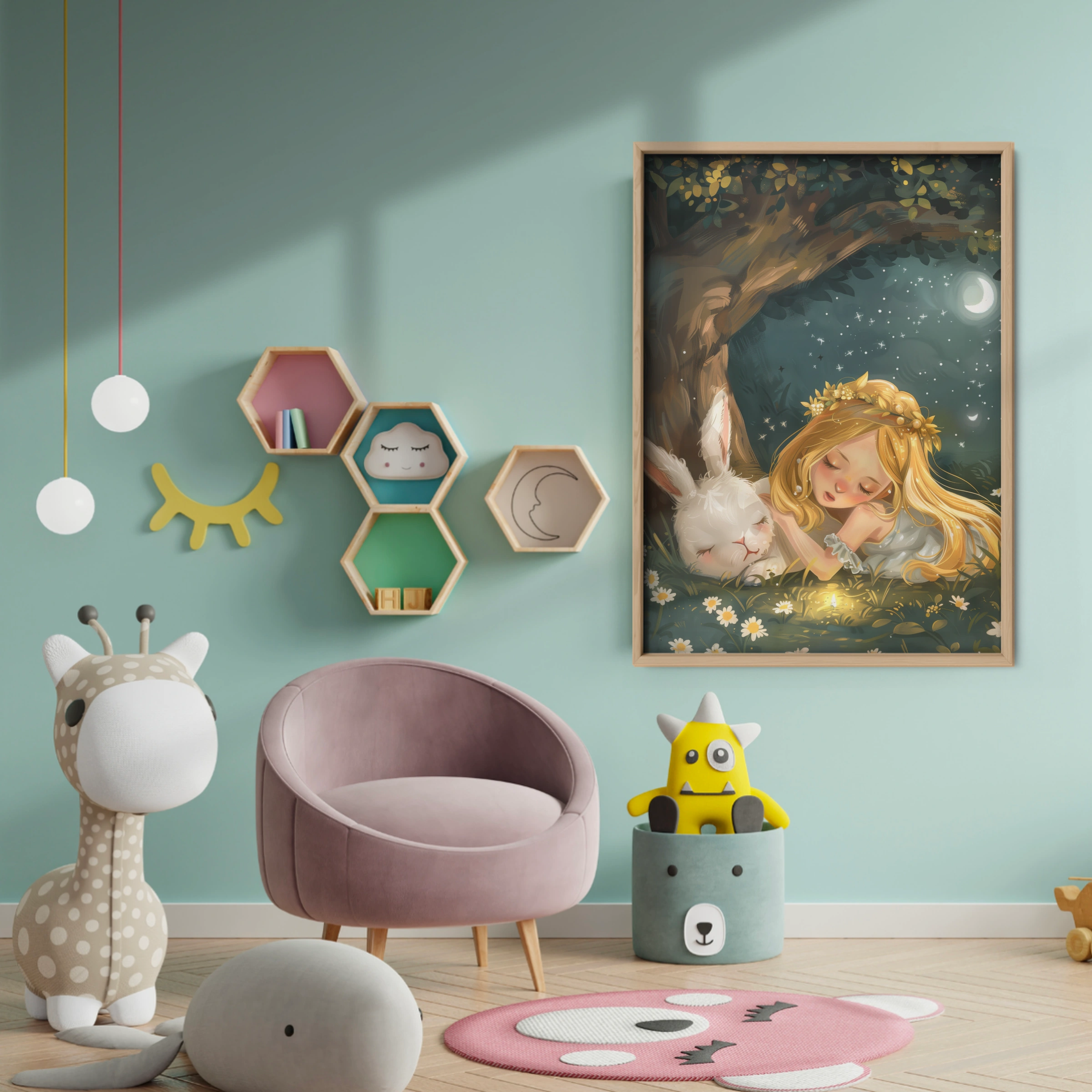 Girl Sleeping with a Bunny Nursery Print - baby room wall decor print
