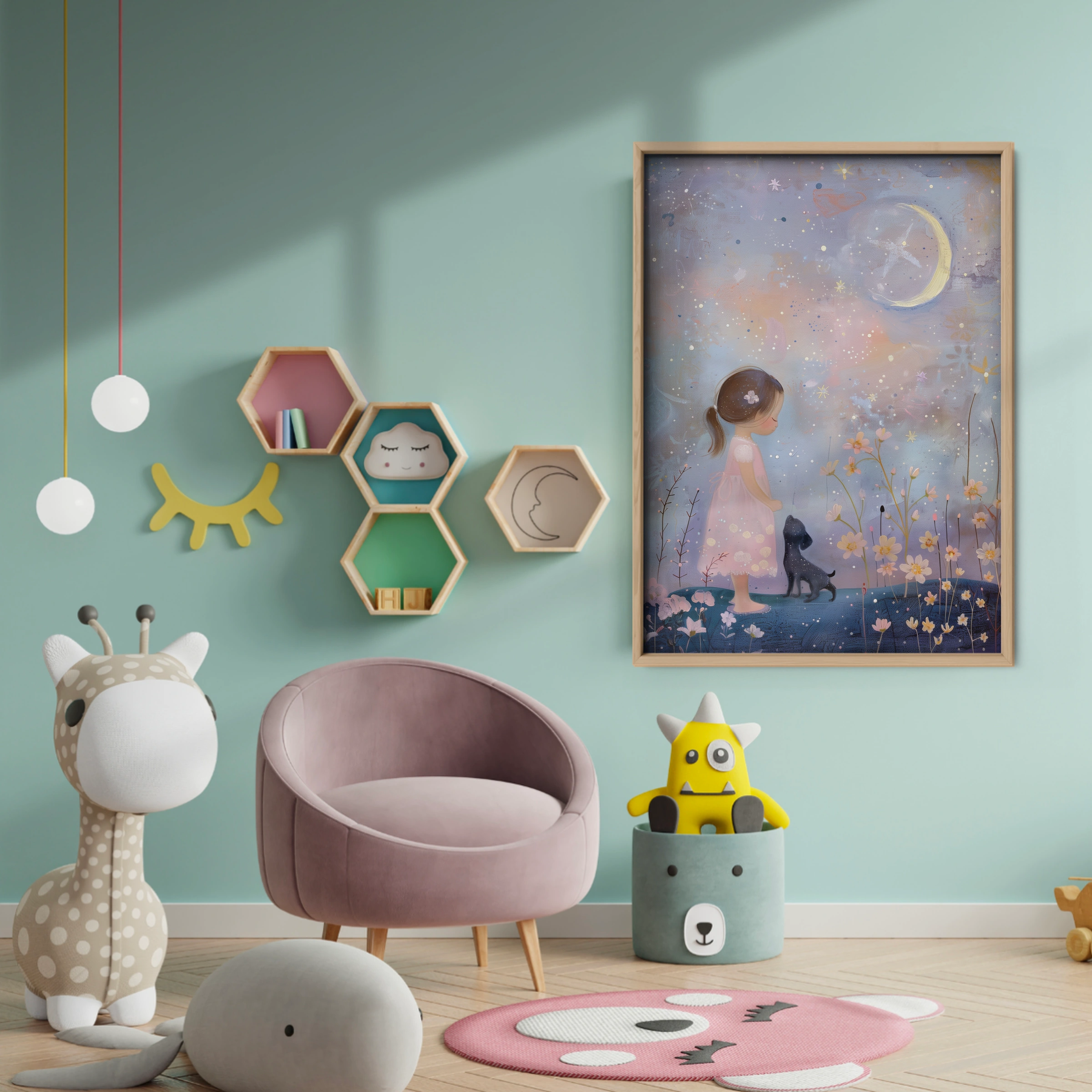 Girl Under the Moon Nursery Print - baby room wall decor print