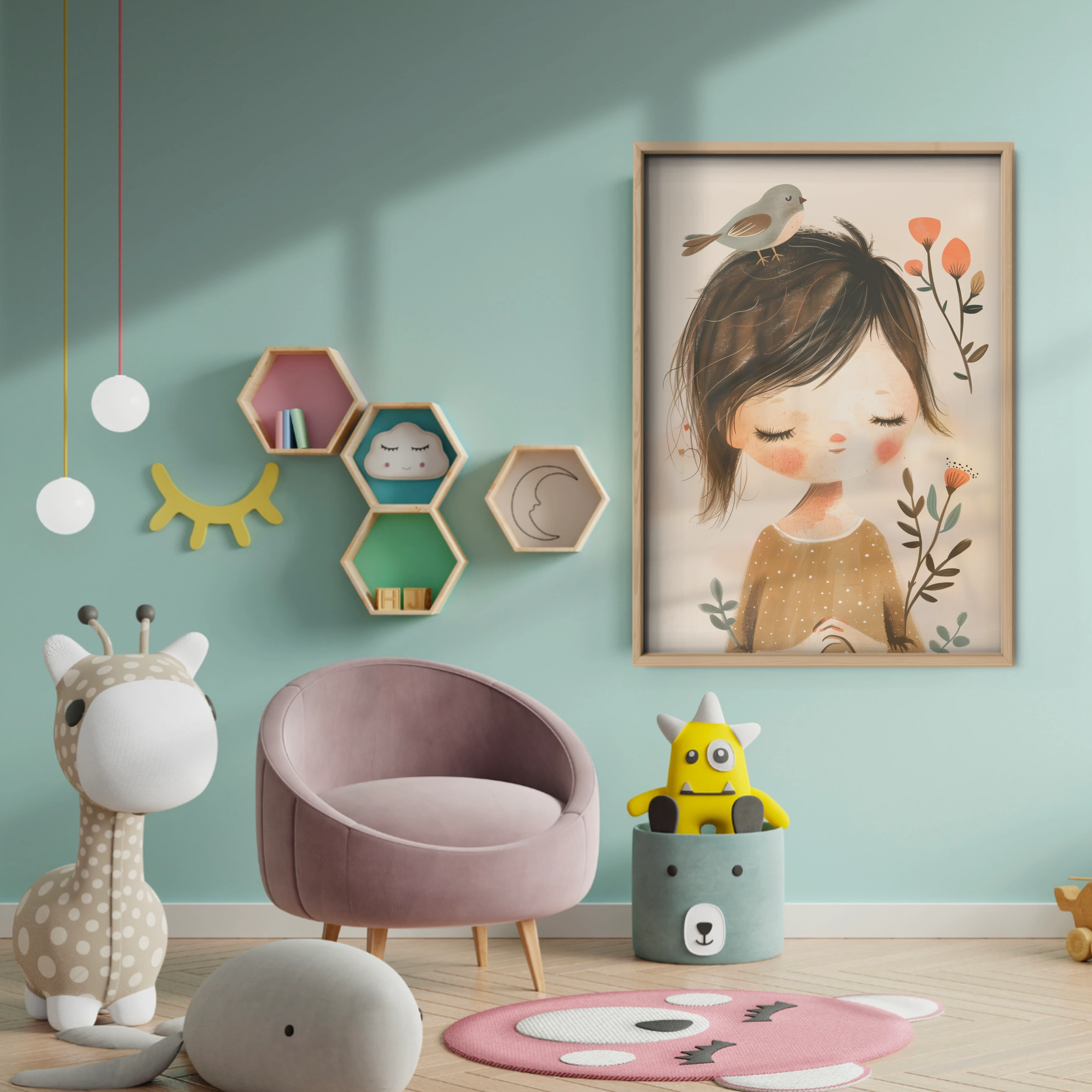 Girl with a Bird Nursery Print - baby room wall decor print