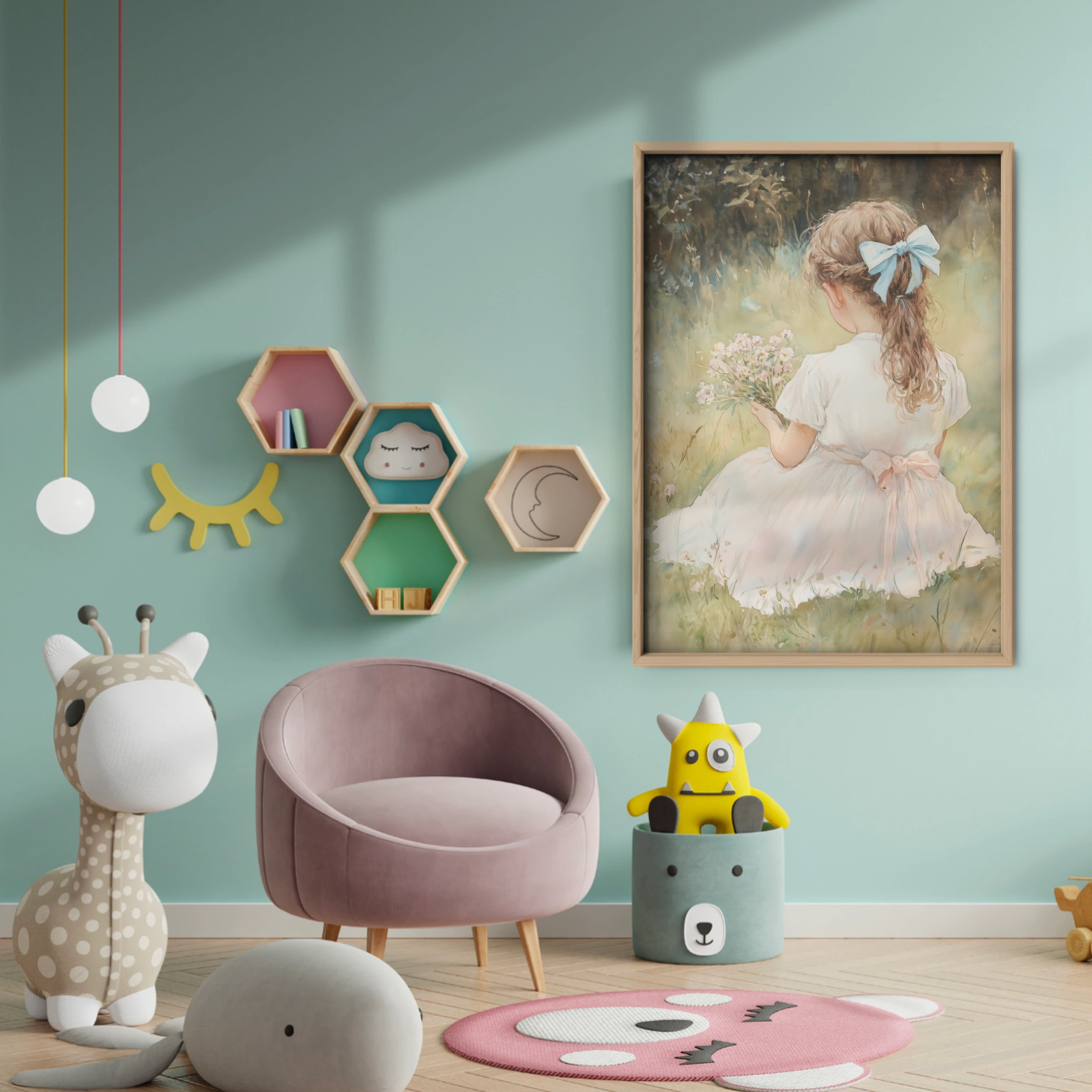 Girl with a Blue Bow Nursery Print - baby room wall decor print