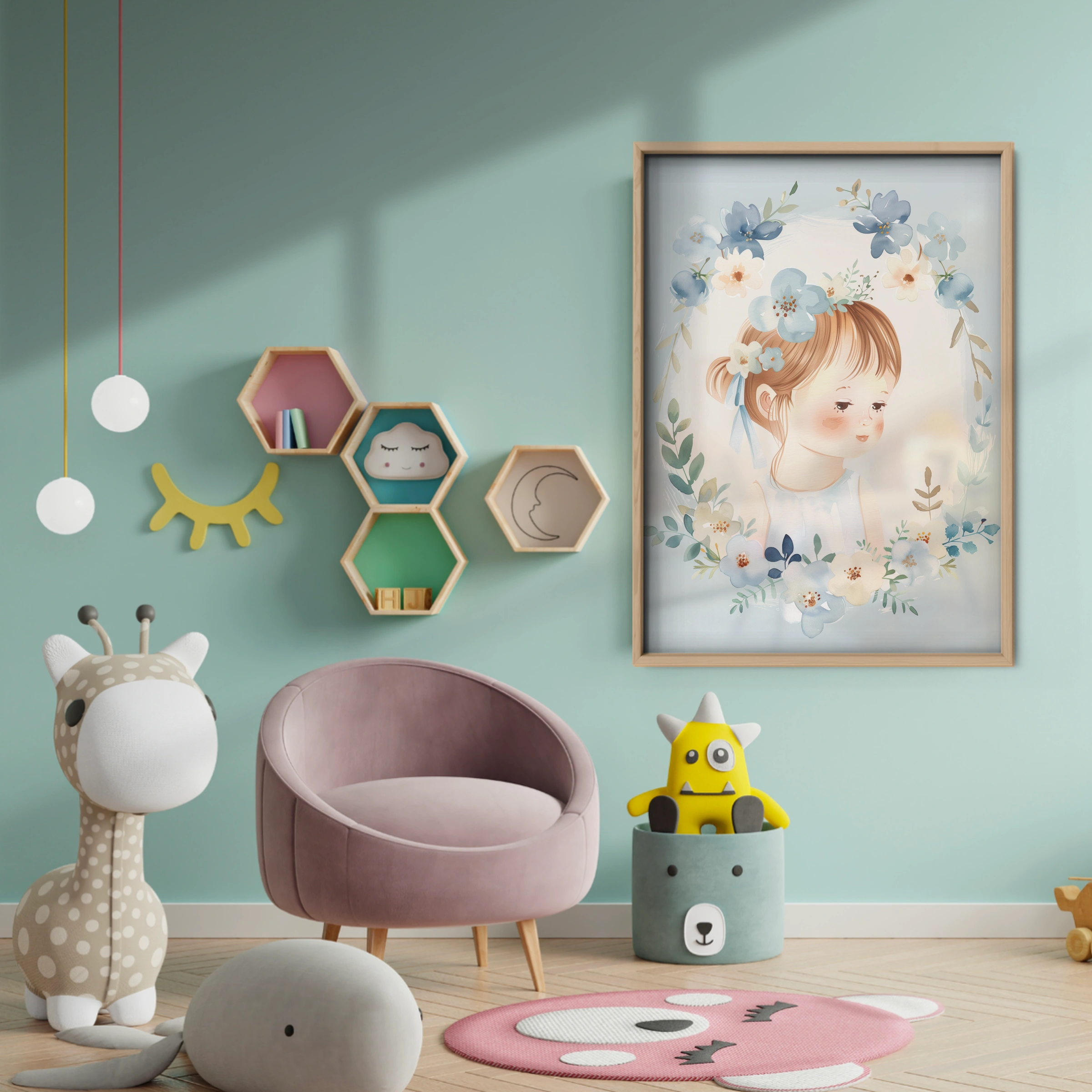 Girl with a Floral Wreath Nursery Print - baby room wall decor print