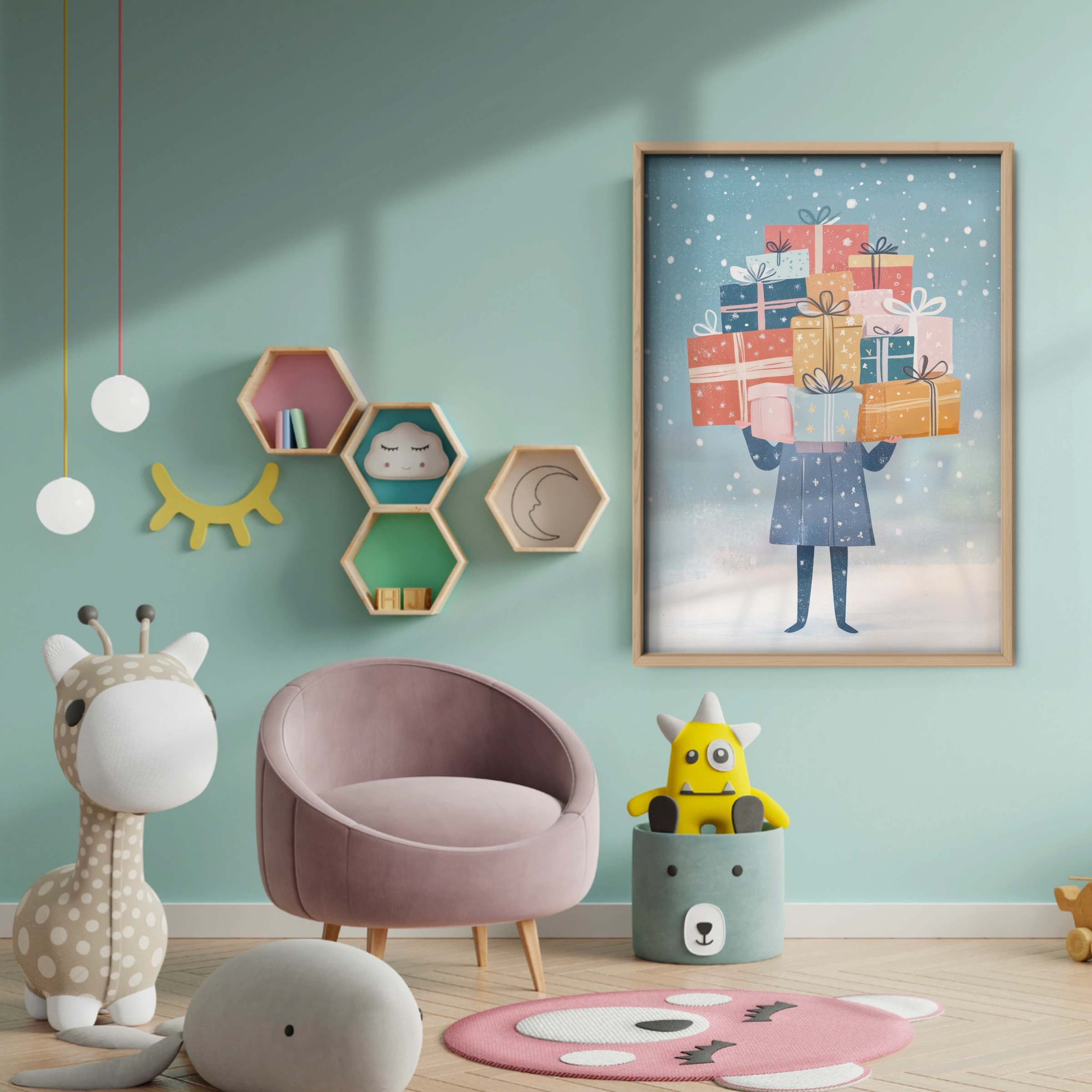 Girl with a Stack of Gifts Christmas Print - baby room wall decor print