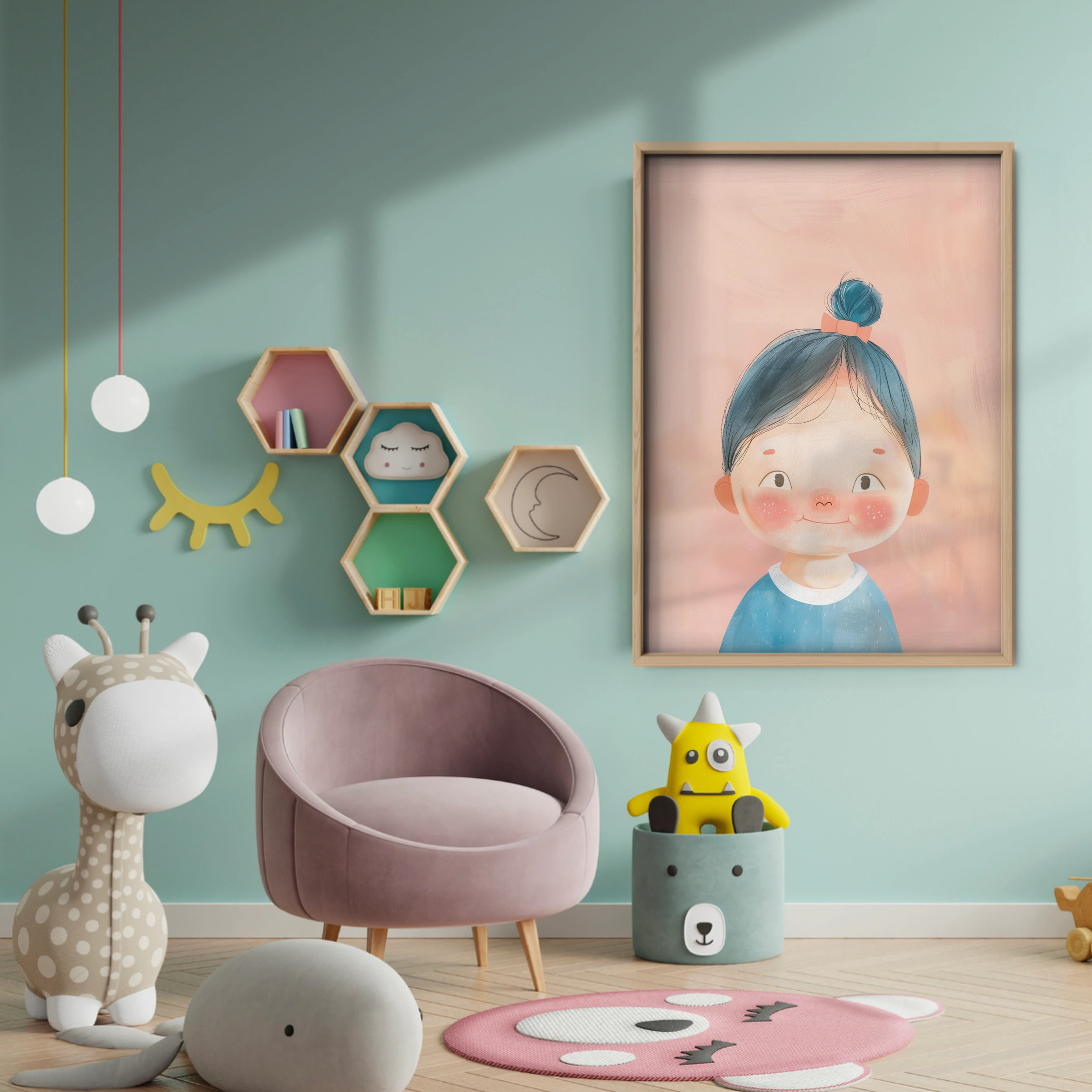 Girl with Blue Hair Nursery Print - baby room wall decor print