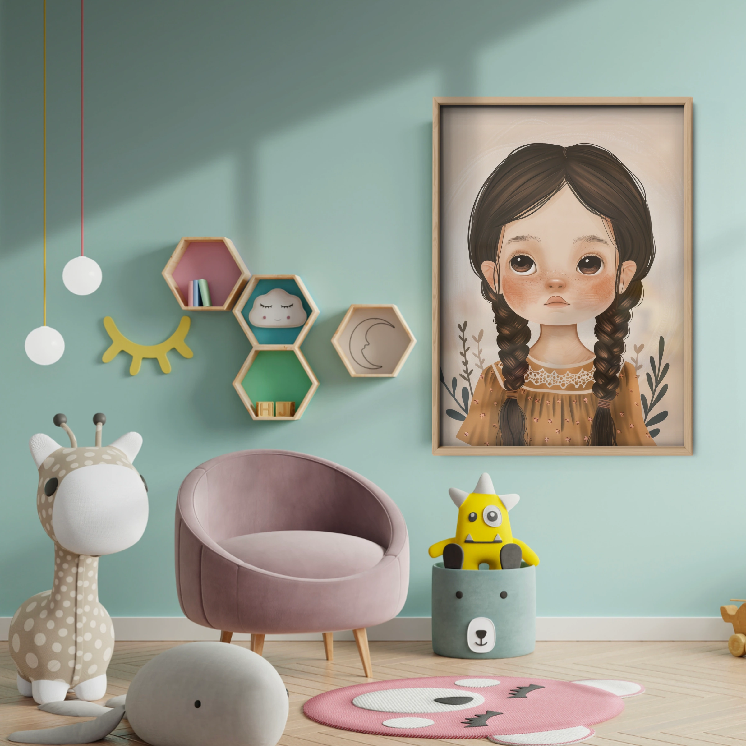Girl with Braids Nursery Print - baby room wall decor print