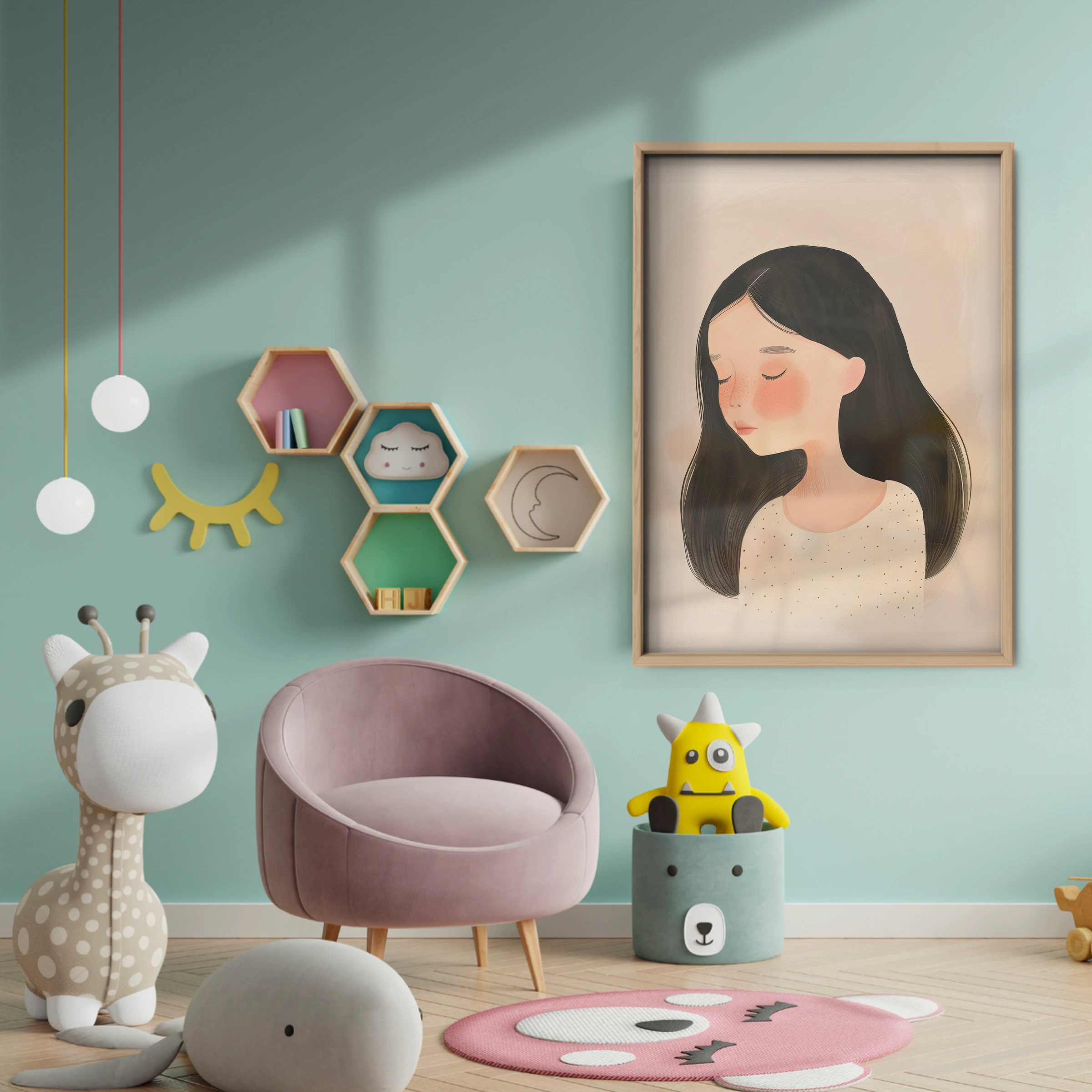 Girl with Dark Hair Nursery Print - baby room wall decor print
