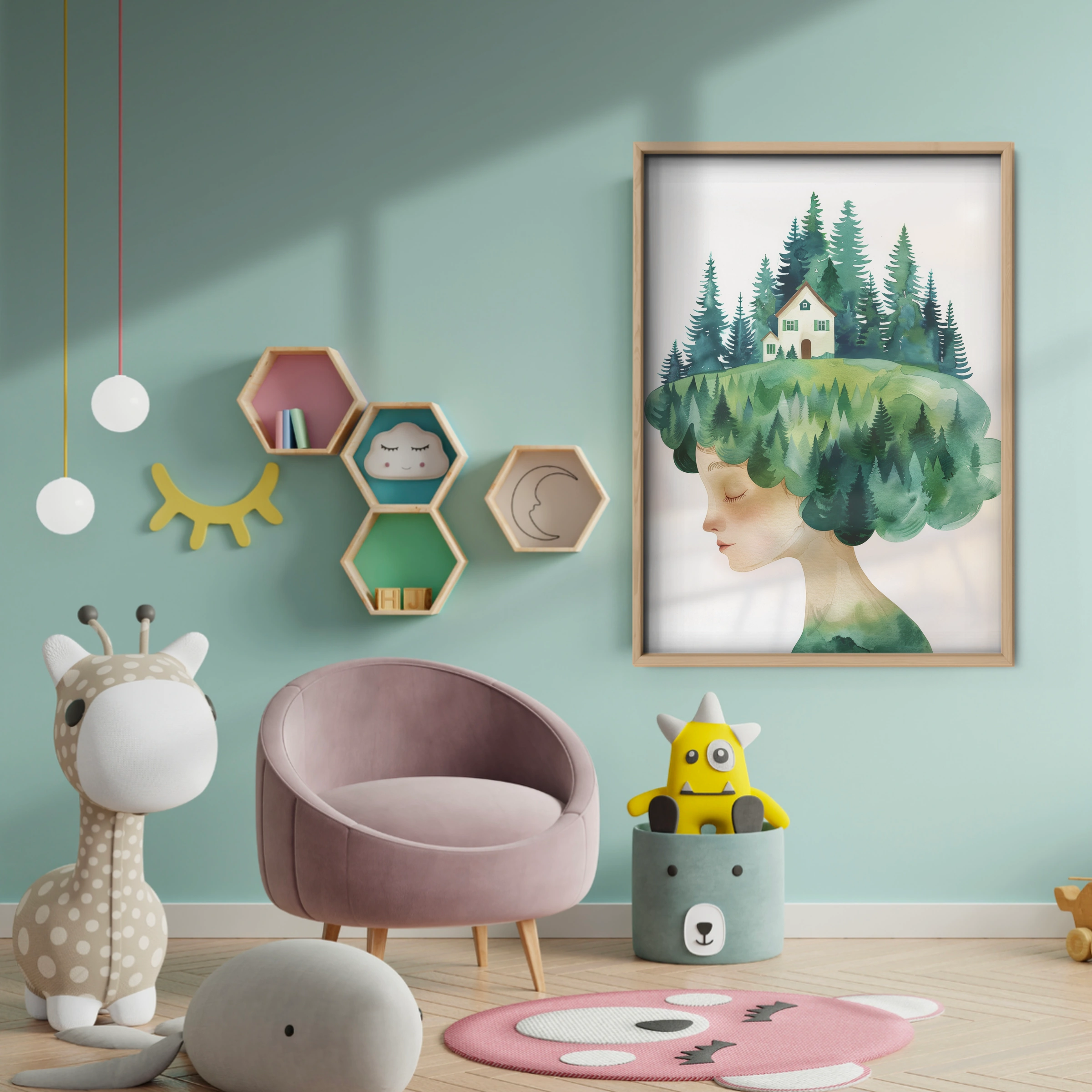 Girl with Forest Hair Nursery Print - baby room wall decor print