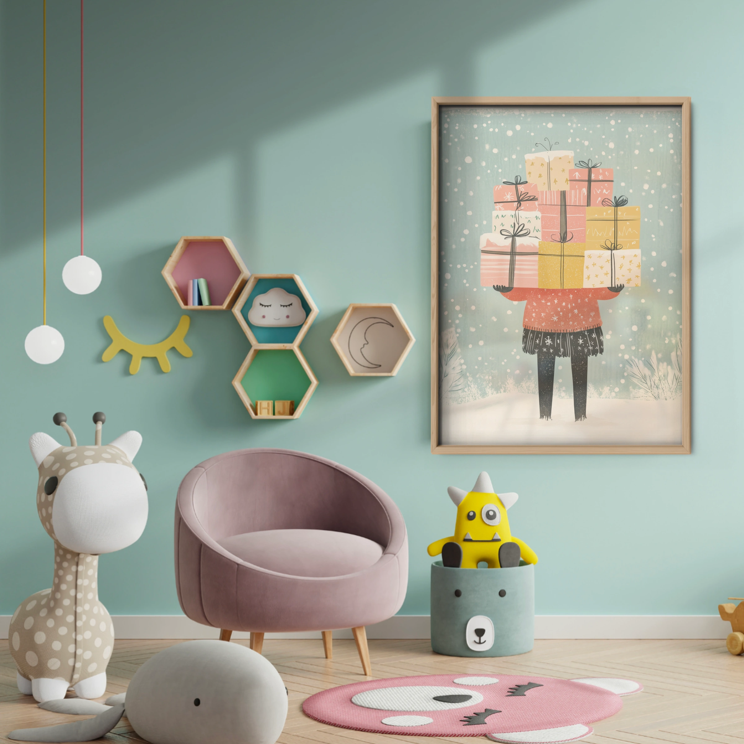 Girl with Gifts Christmas Print - baby room wall decor print