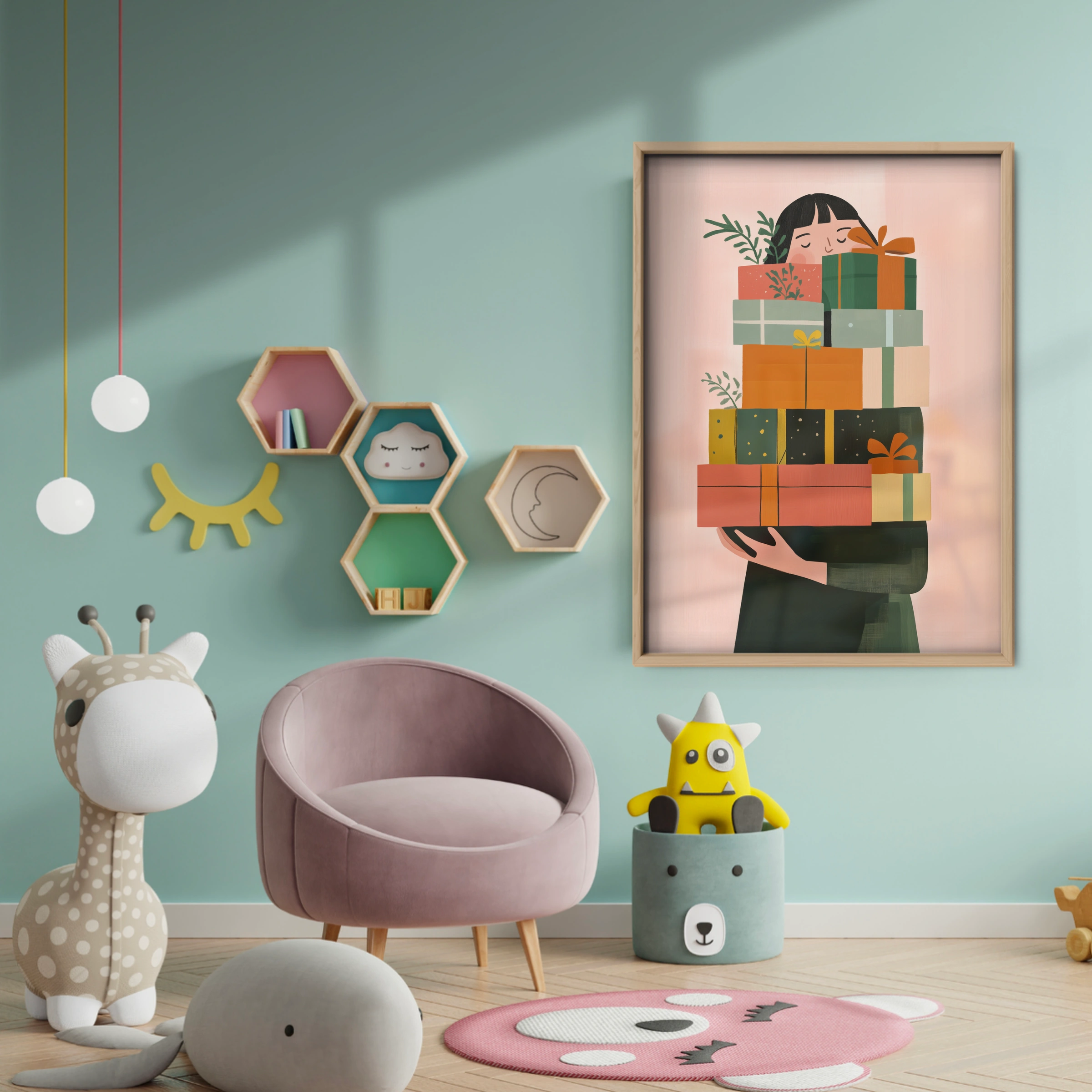 Girl with Gifts Two Christmas Print - baby room wall decor print
