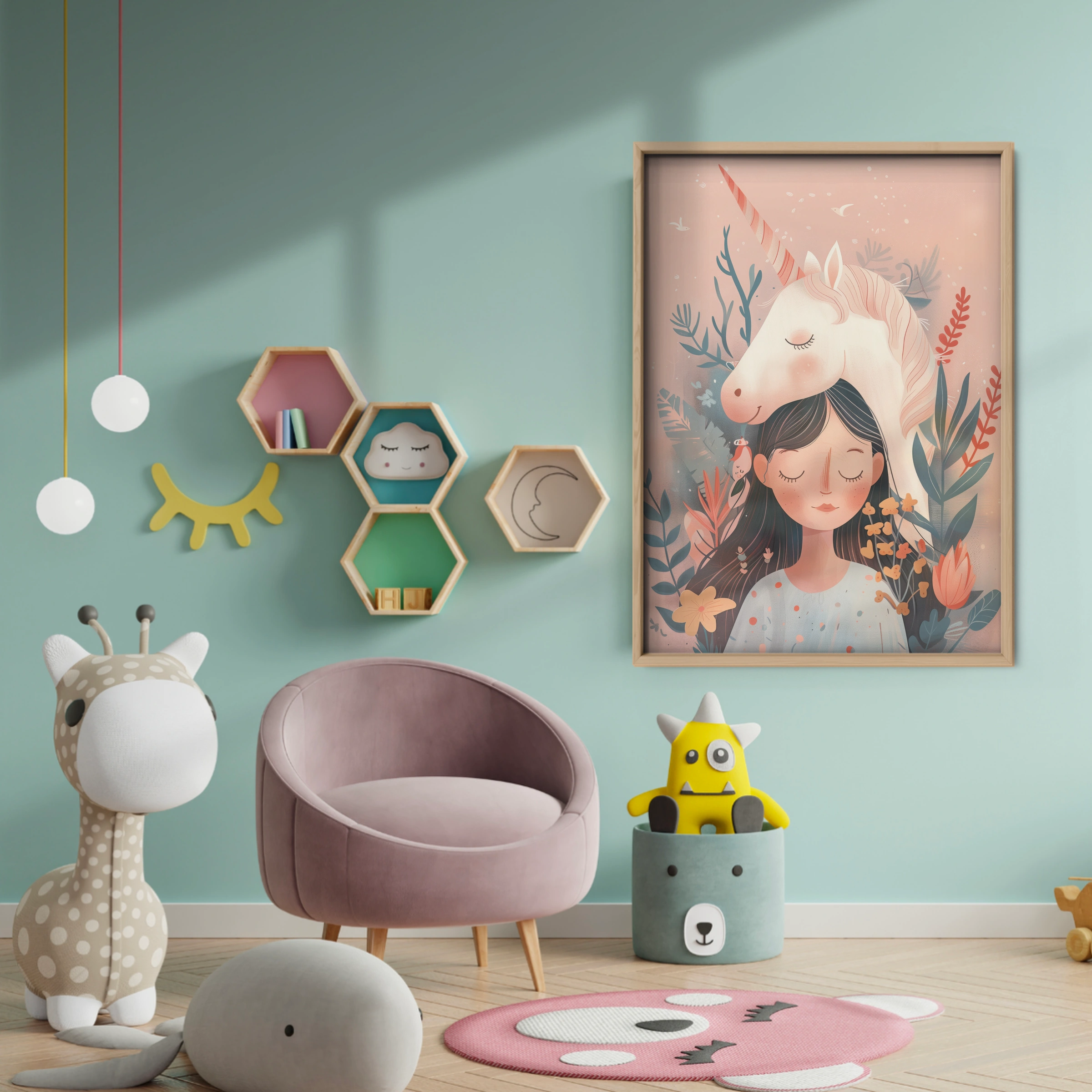 Girl with Unicorn Hair Nursery Print - baby room wall decor print