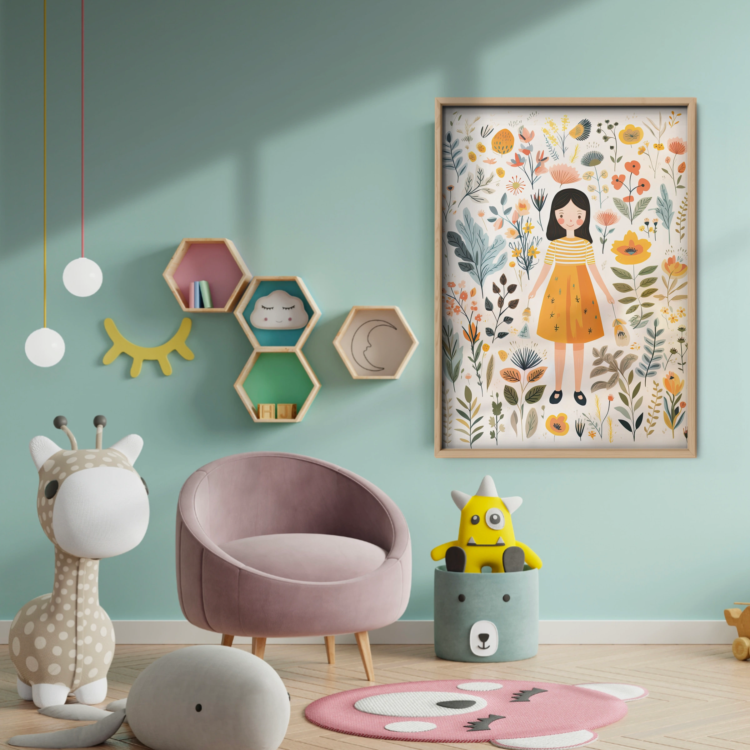 Girl With Wildflowers Nursery Print - baby room wall decor print