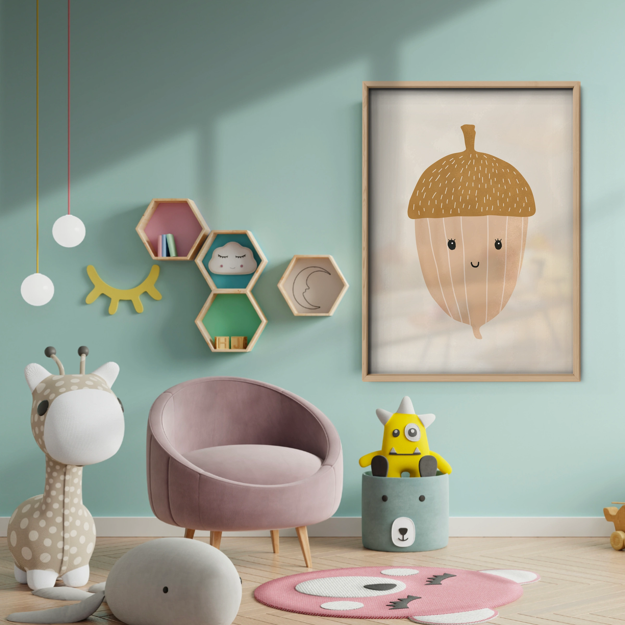 Golden Acorn Nursery Print - baby room wall decor print
