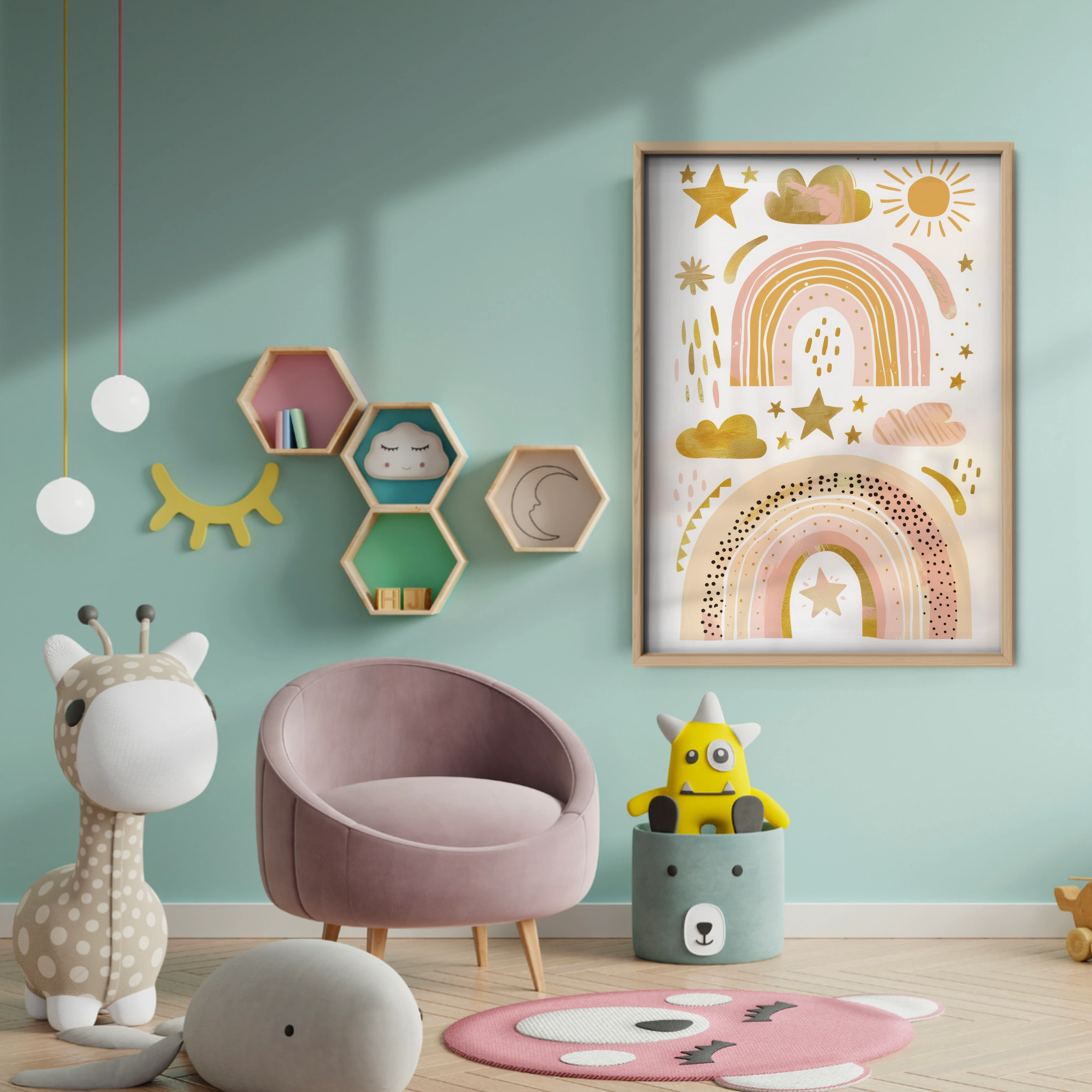 Golden Boho Rainbows Nursery Print - baby room wall decor print