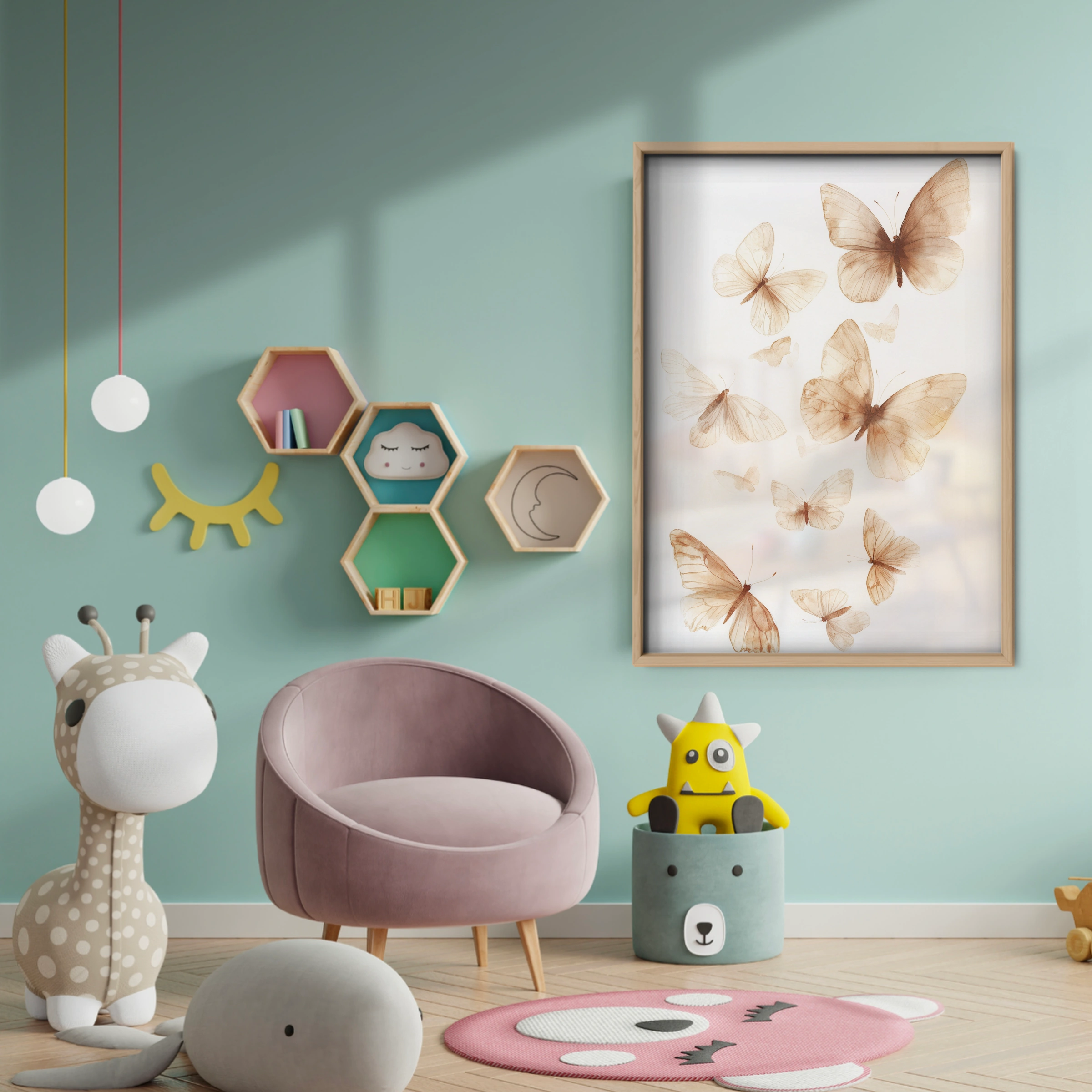Golden Butterflies Nursery Print - baby room wall decor print