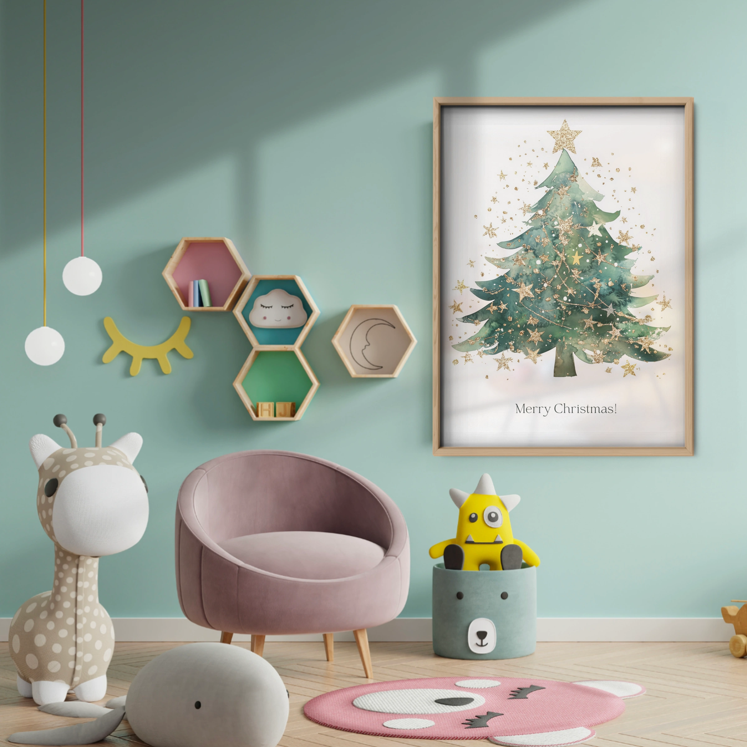 Golden Christmas Tree Print - baby room wall decor print