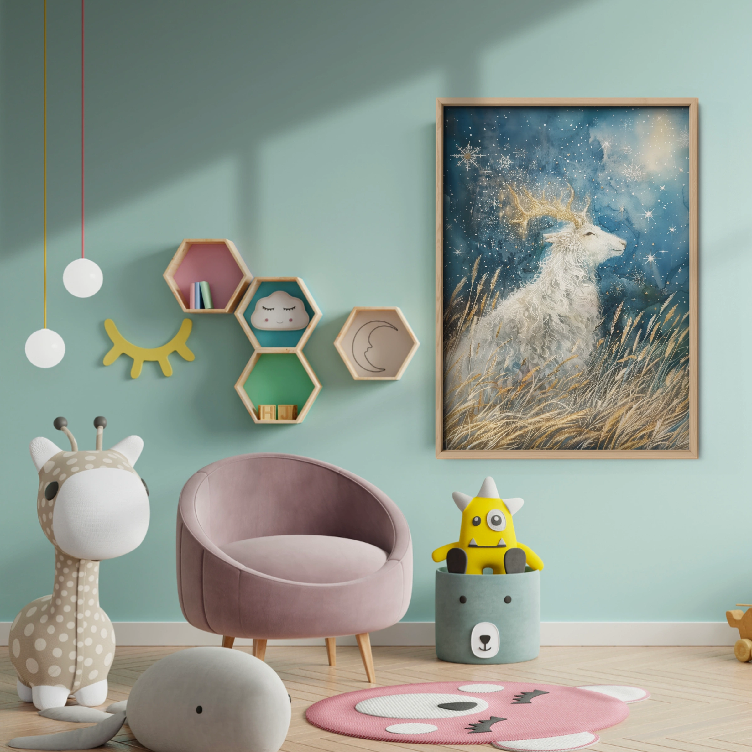 Golden Deer at Night Nursery Print - baby room wall decor print
