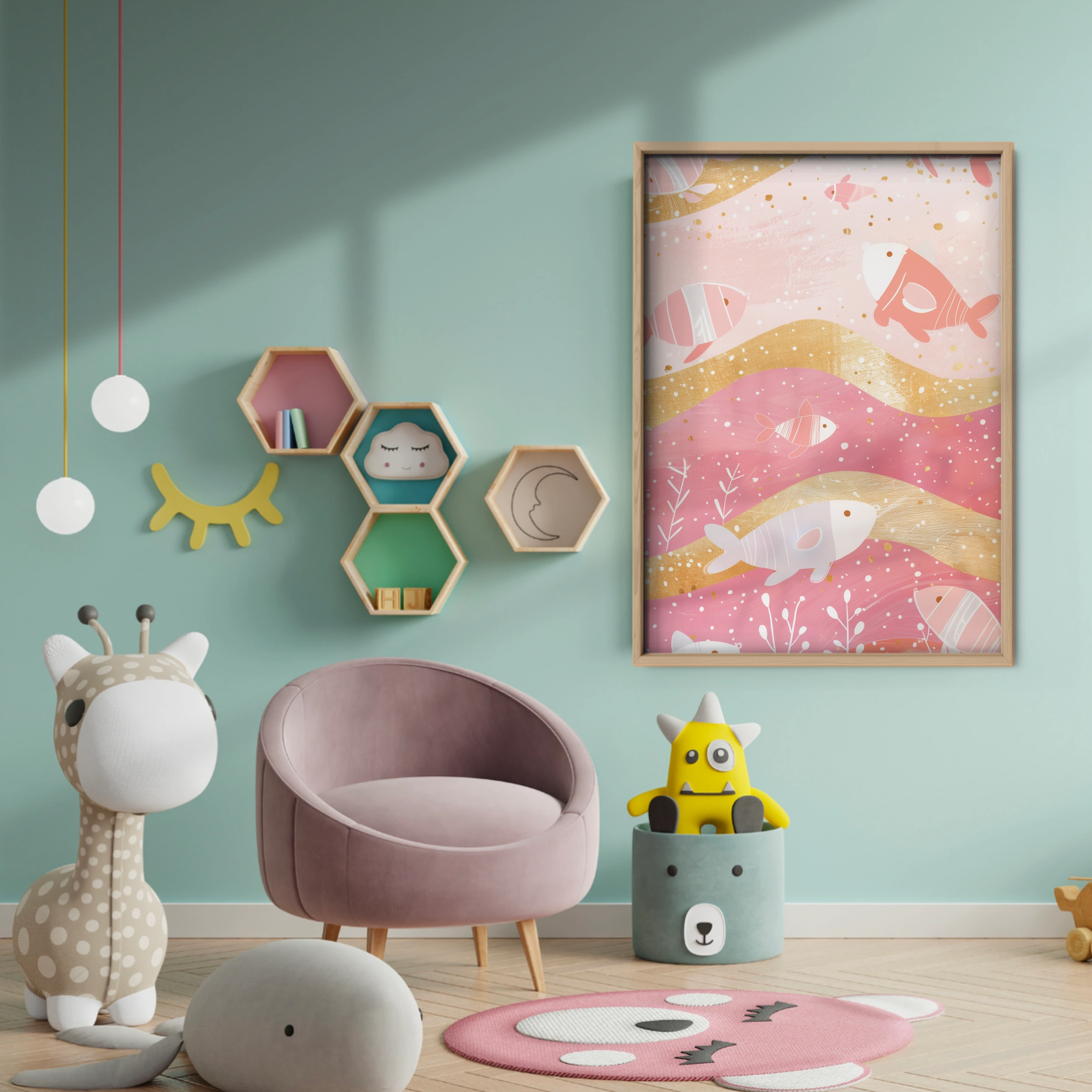 Golden Fish Waves Nursery Print - baby room wall decor print