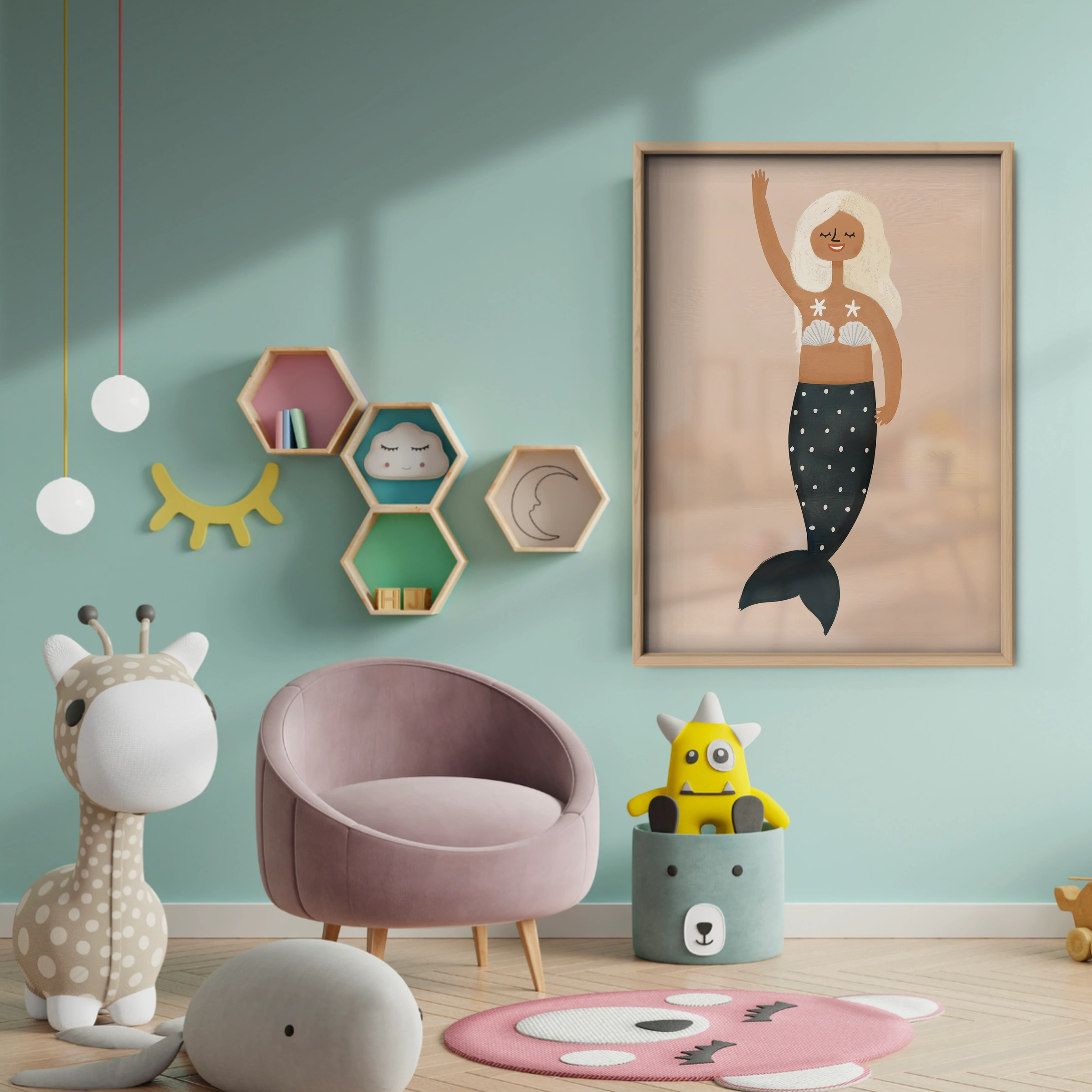 Golden Mermaid Nursery Print - baby room wall decor print