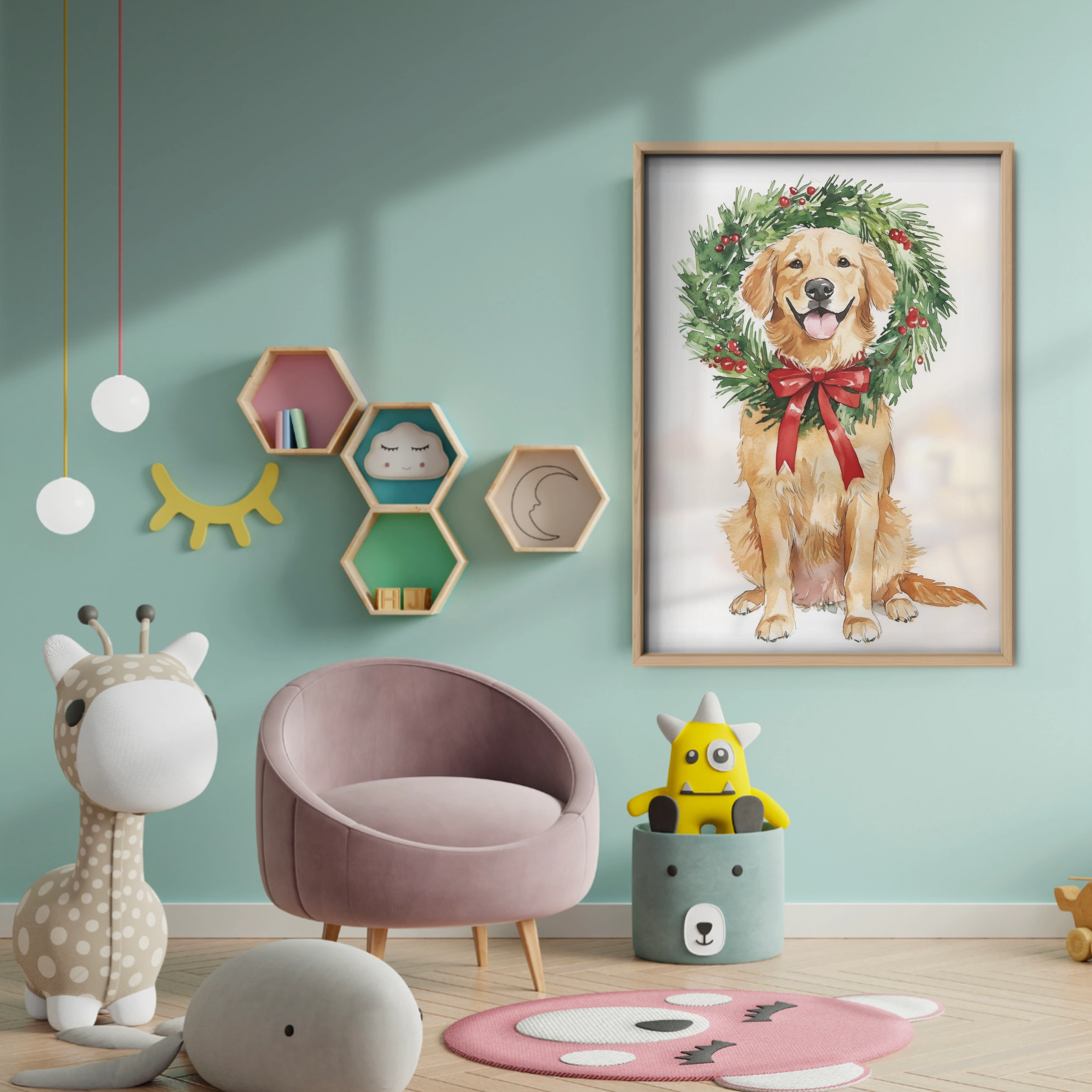 Golden Retriever with a Wreath Christmas Print - baby room wall decor print